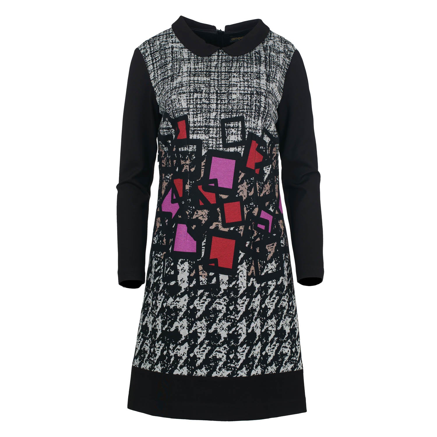 Women’s Black Long Sleeve Print Dress With Peter Pan Collar Small Conquista