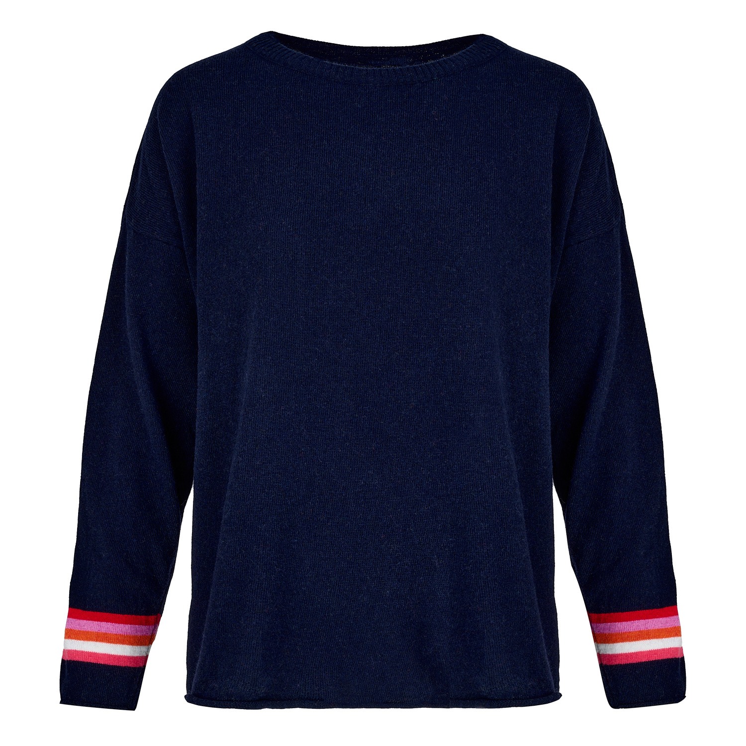 Women’s Blue Cashmere Mix Sweater In Navy With Hem & Cuff Multi Stripe One Size At Last...