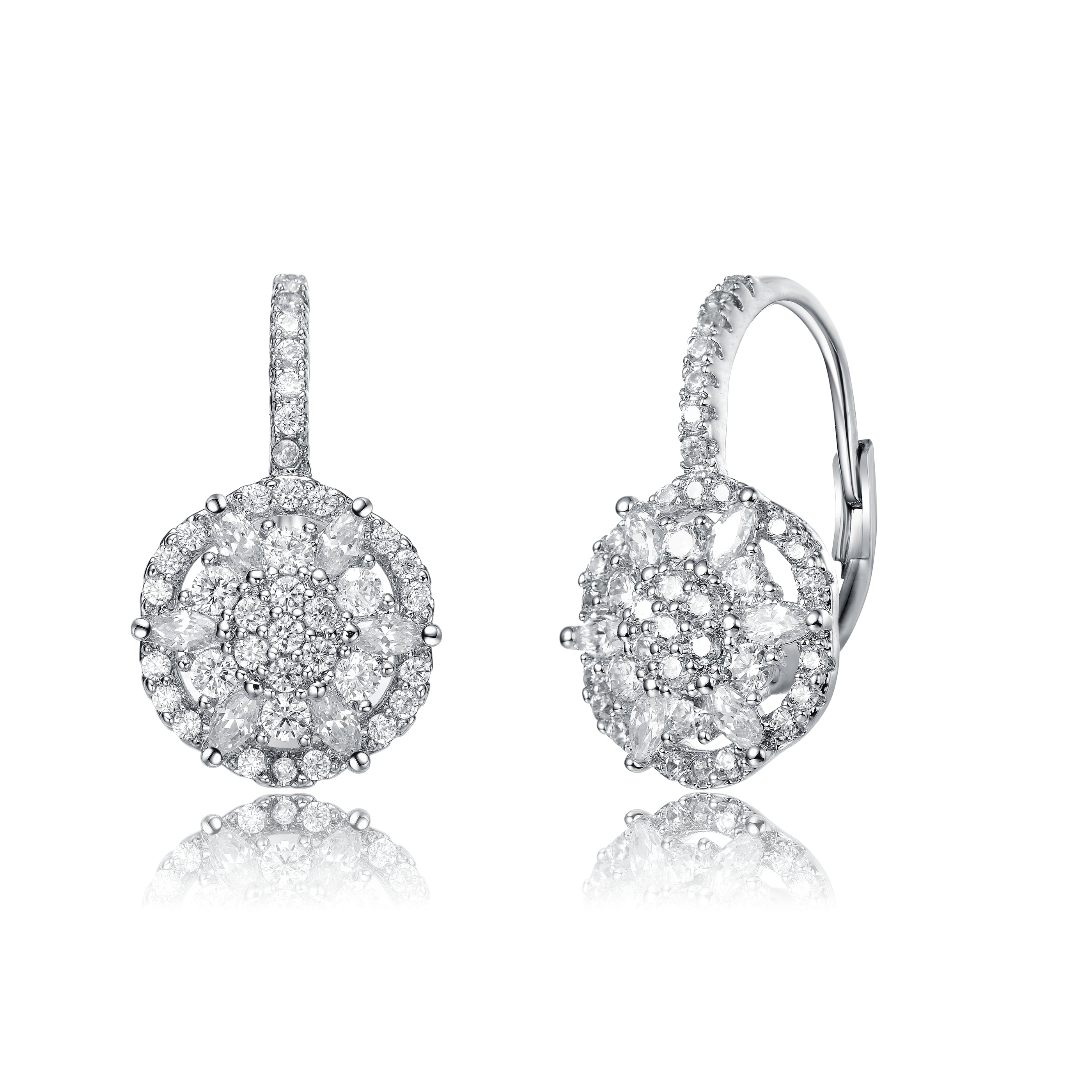 Women’s Rachel Glauber White Gold Plated With Cubic Zirconia Flower Cluster Halo Dangle Earrings With Leverback Genevive Jewelry