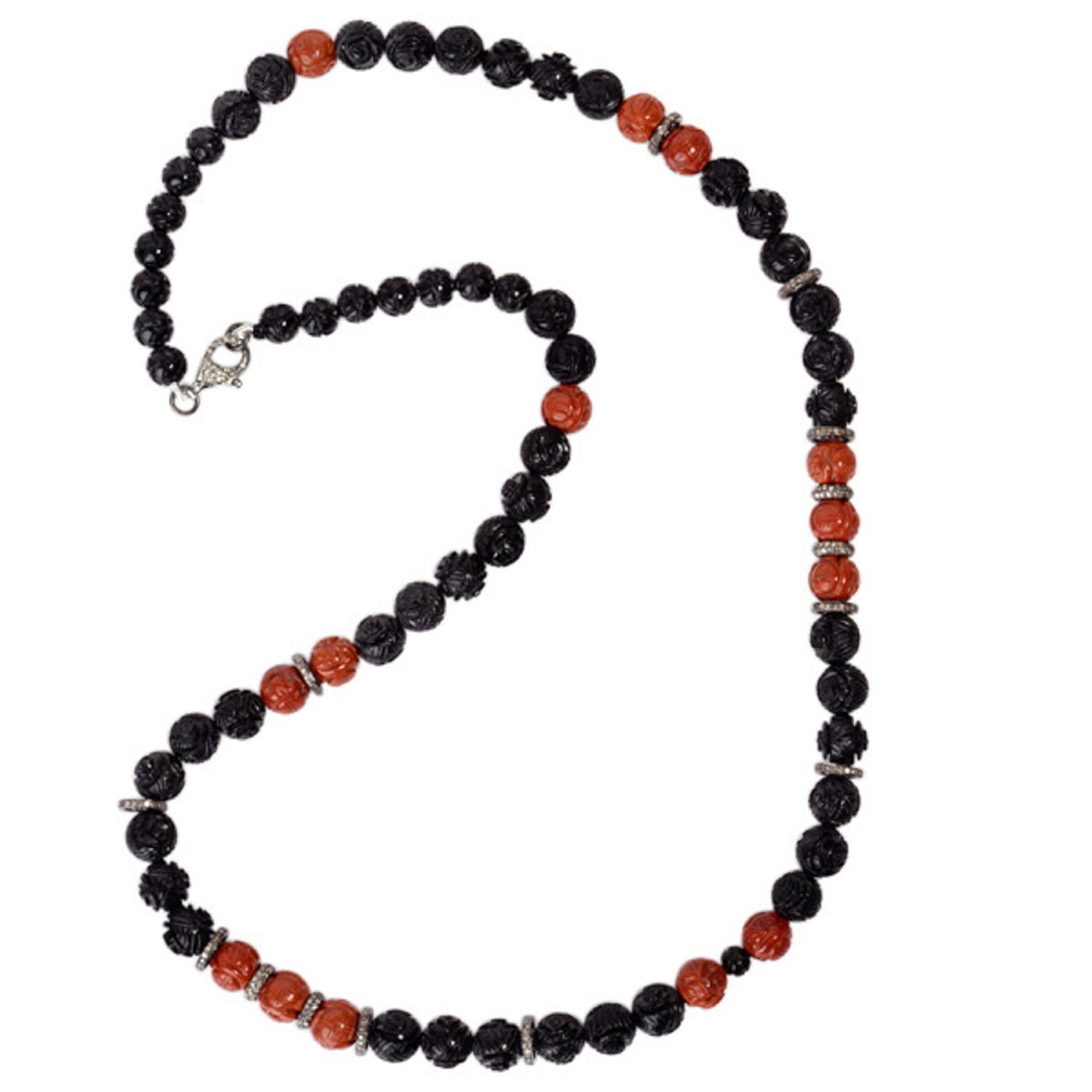 Women’s Yellow / Orange / White Onyx Japer Gemstone Carving Beaded Necklace Diamond 925 Sterling Silver Jewelry Artisan