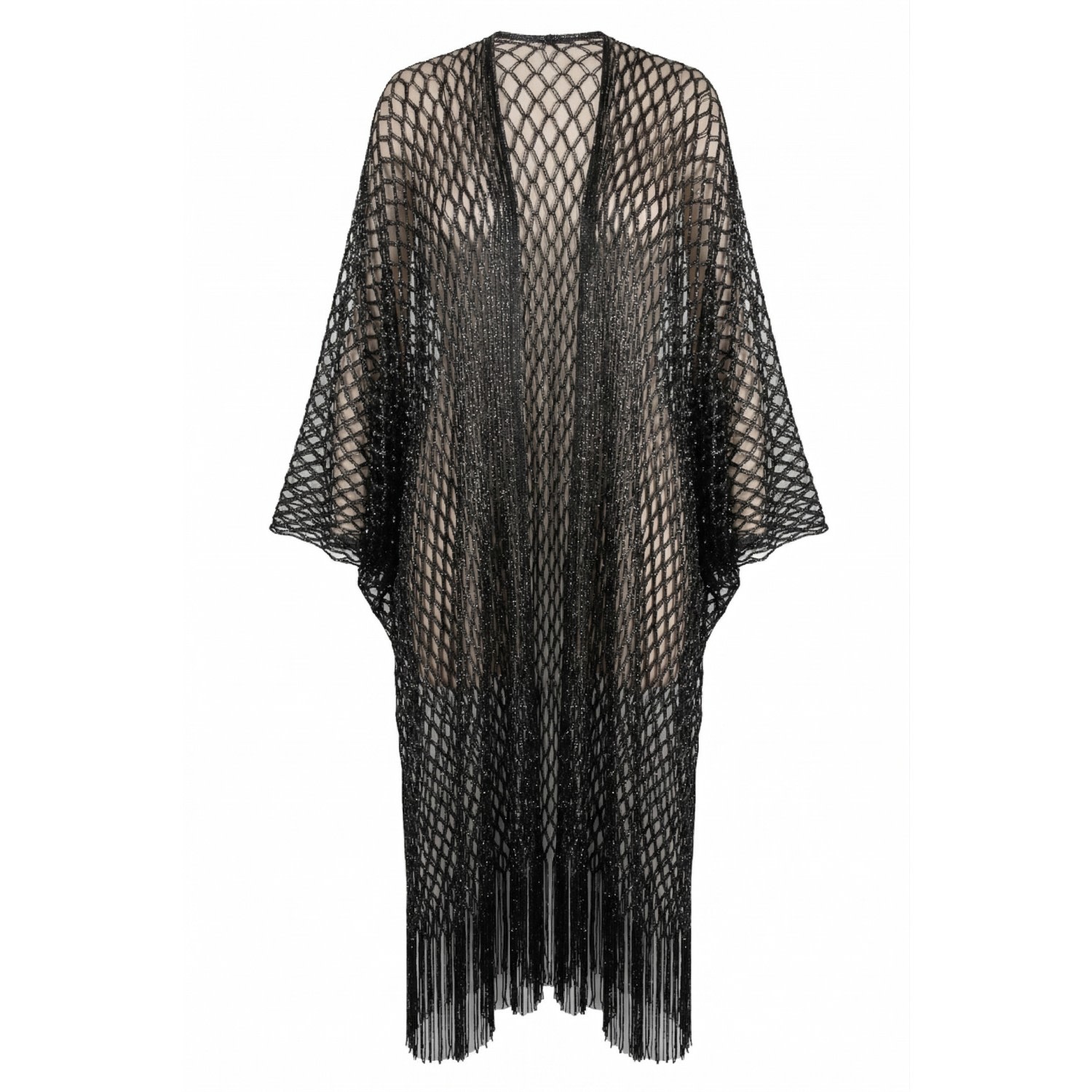 Women's Black Metallic Fringe Kimono | One Size | Saachi