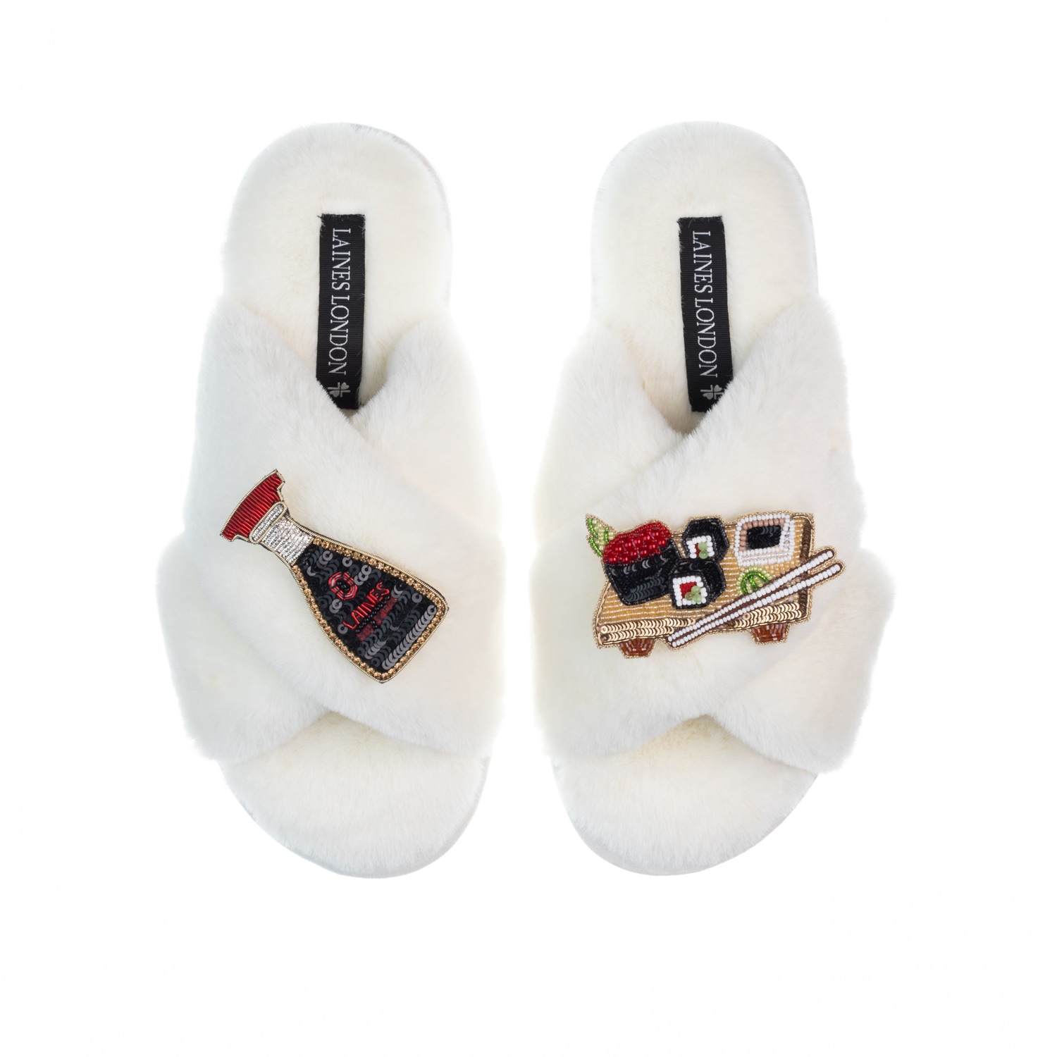 Laines London Women's White Classic Laines Slippers With Sushi & Soy Sauce Brooches - Cream In White