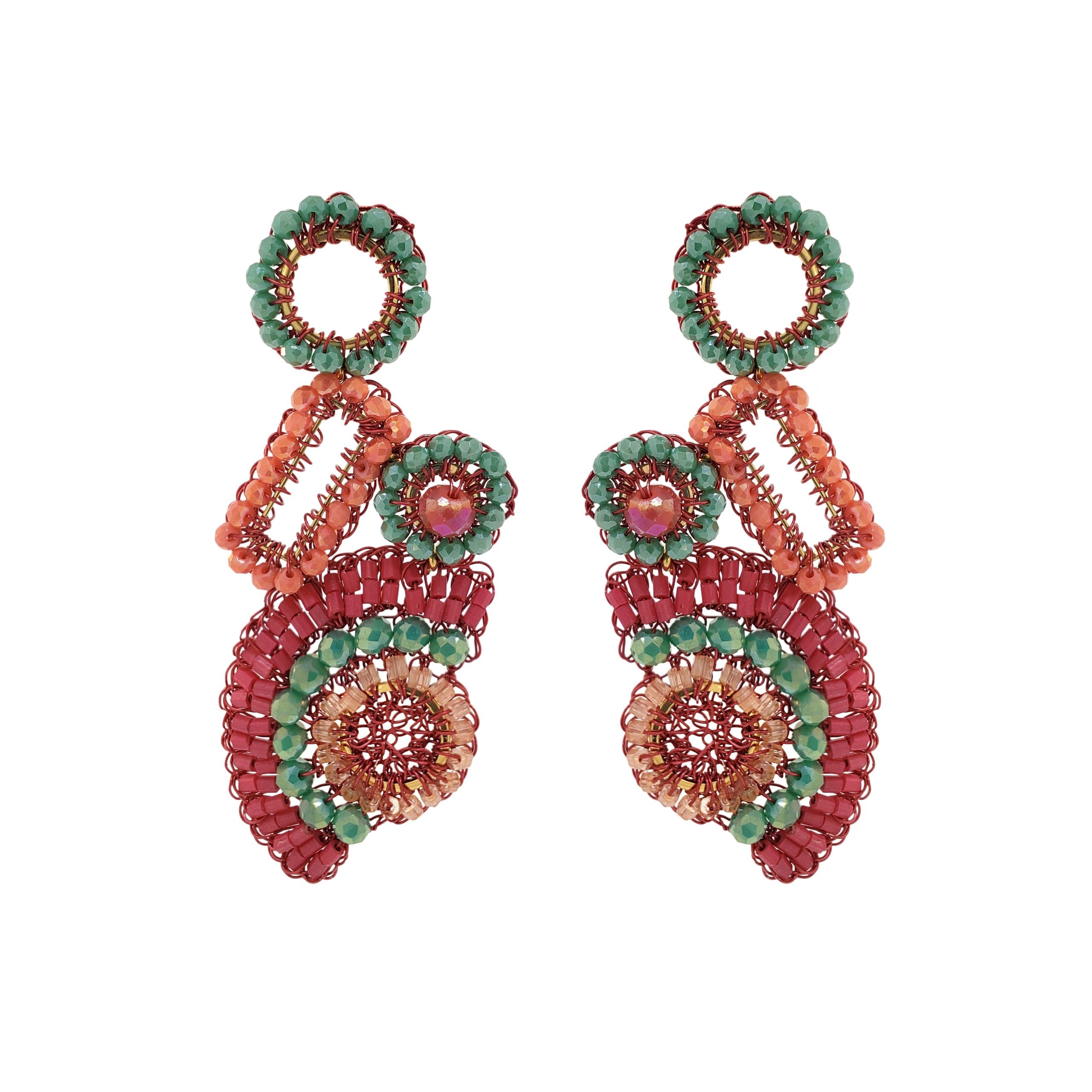 Lavish By Tricia Milaneze Women's Neutrals / Green / Pink Sunset Coral Mix Althea Dangle Handmade Crochet Earrings