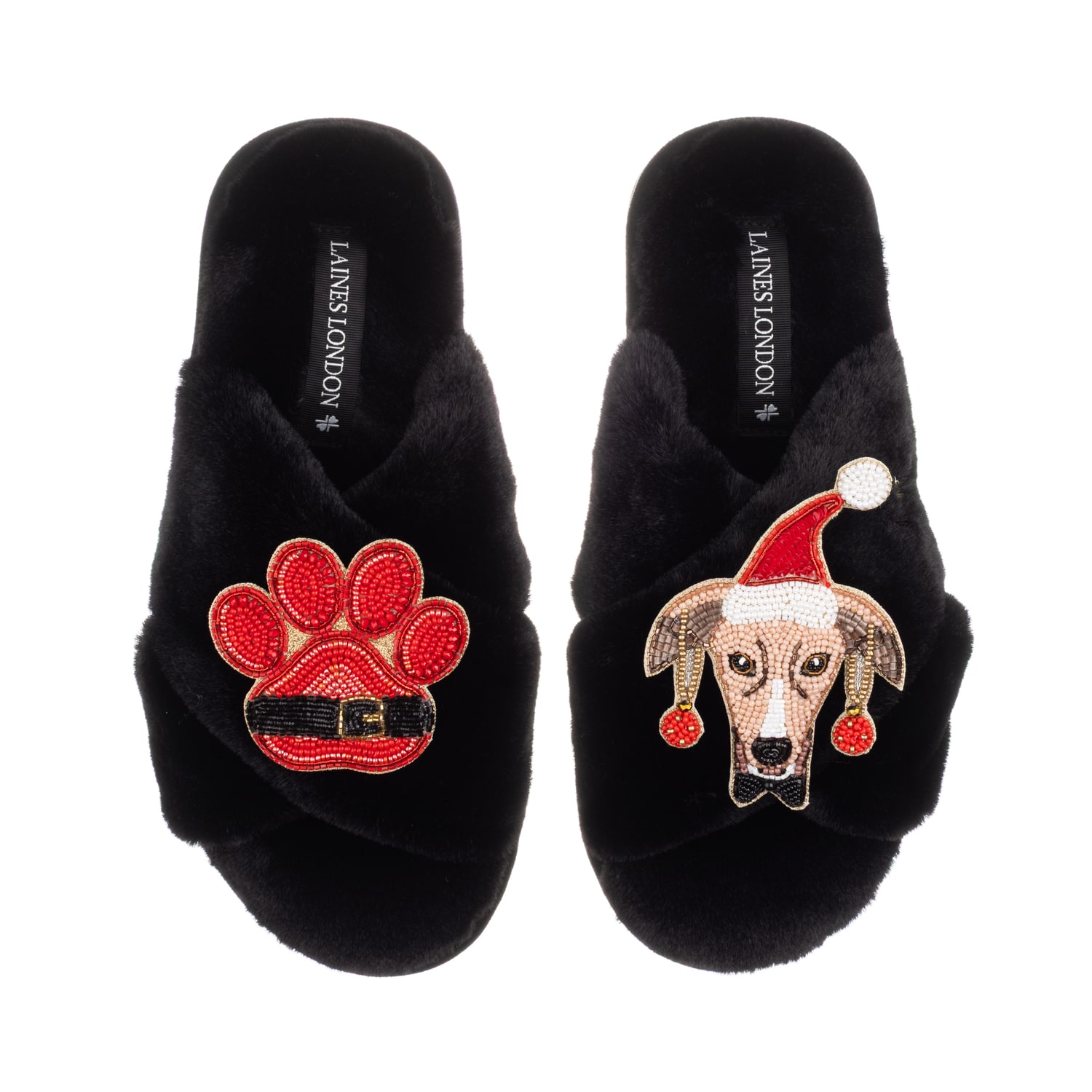 Laines London Women's Classic Slippers With Christmas Greyhound & Paw Brooches - Black In Black