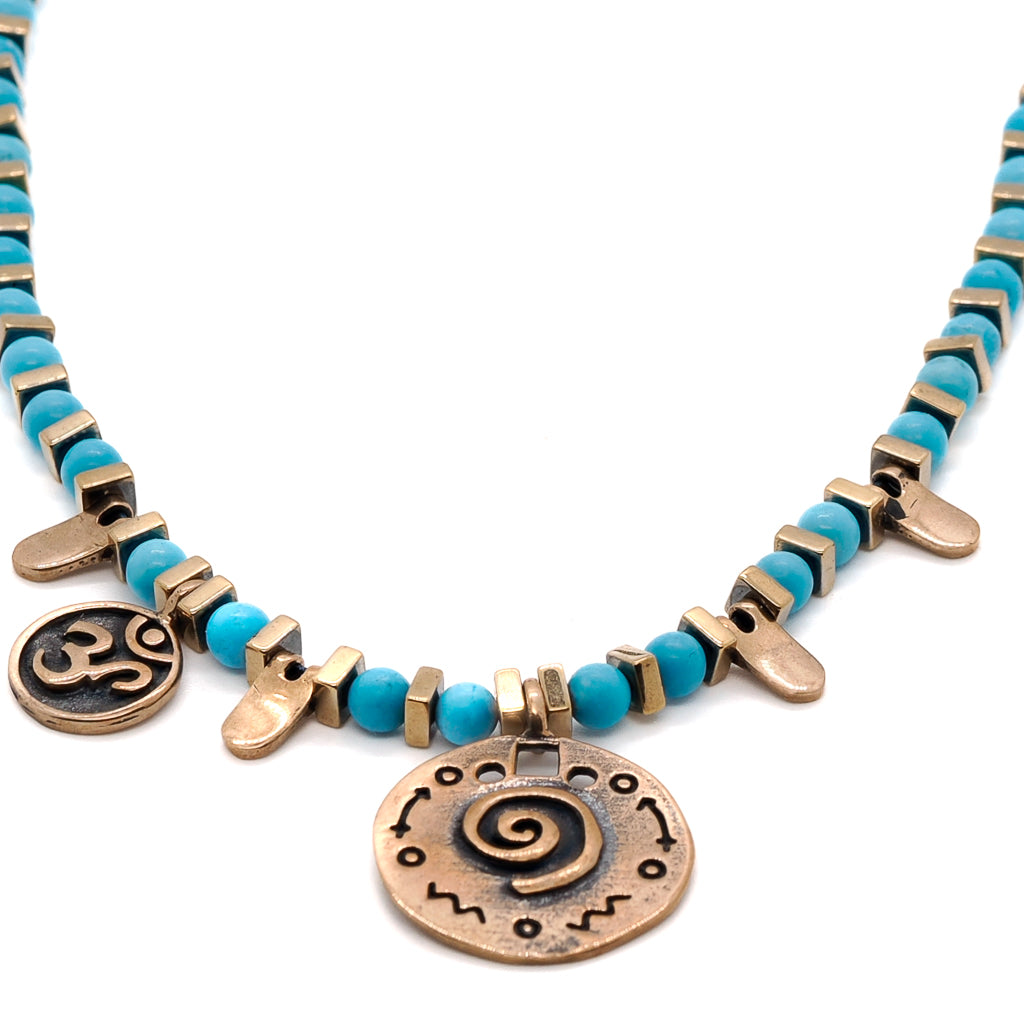 Women’s Gold / Blue Om & Spiral Charm Turquoise Beaded Choker Necklace - Turquoise Ebru Jewelry