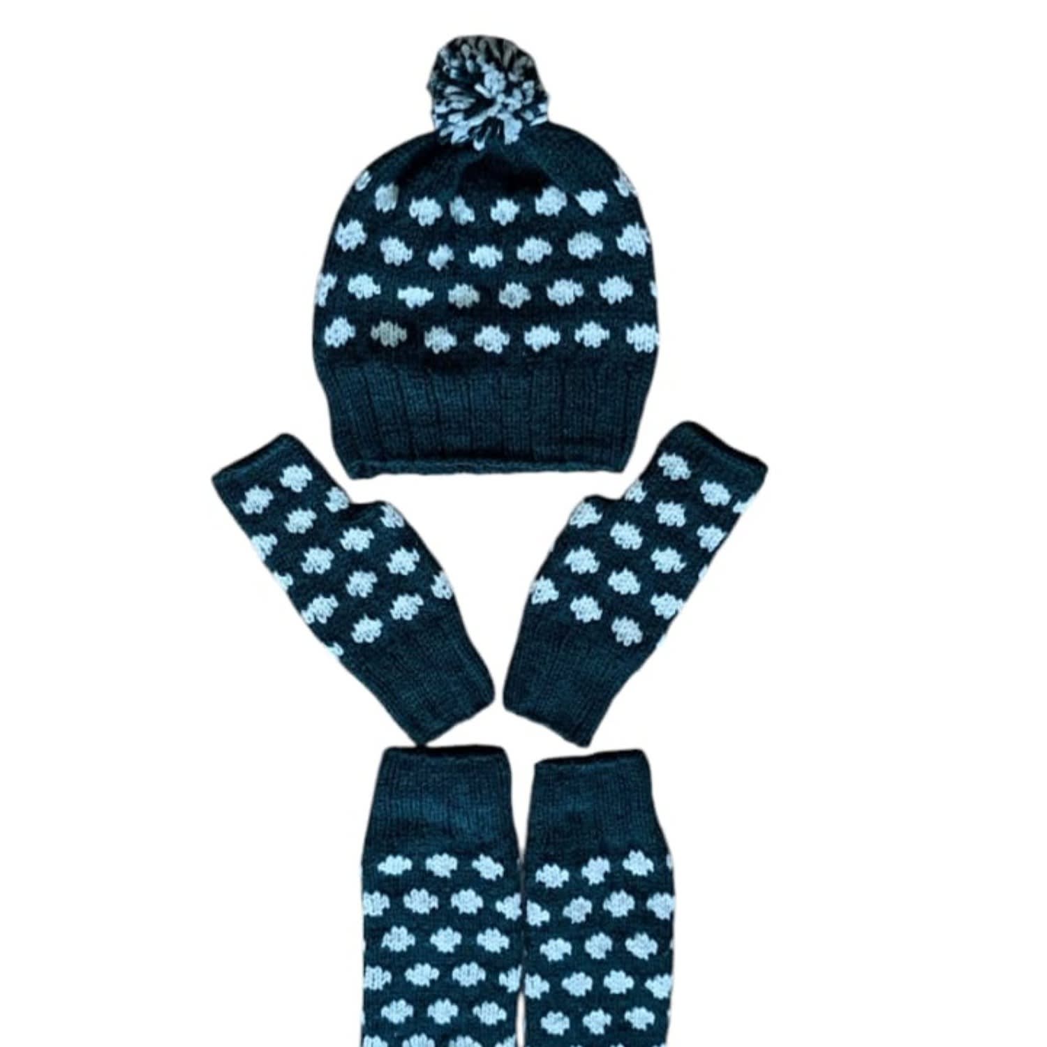Springmoonatelier Women's Handmade Wool Hat, Gloves, And Socks Set - Dark Green-white