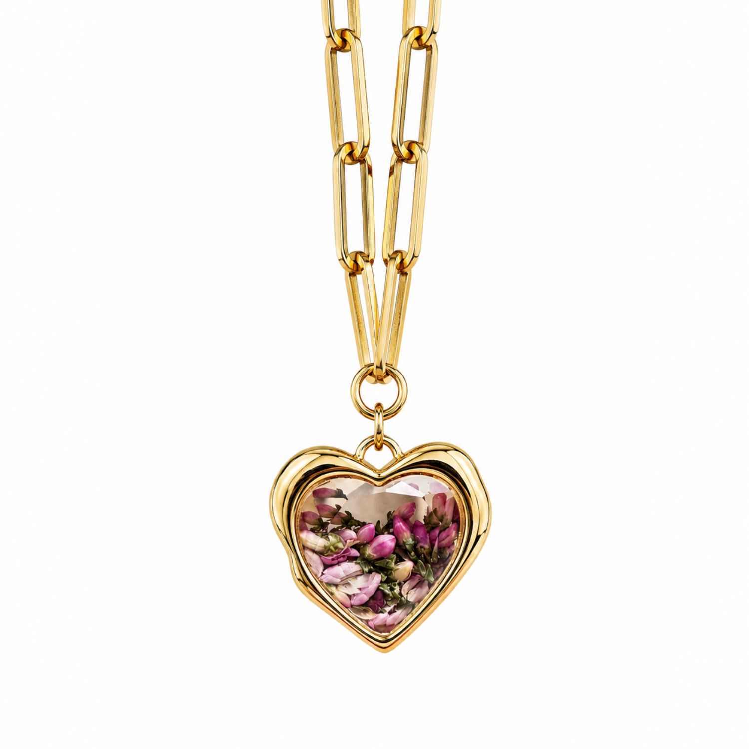 My Little Nature Women's Gold / Pink Heart Shape Necklace With Flowers In Gold/pink