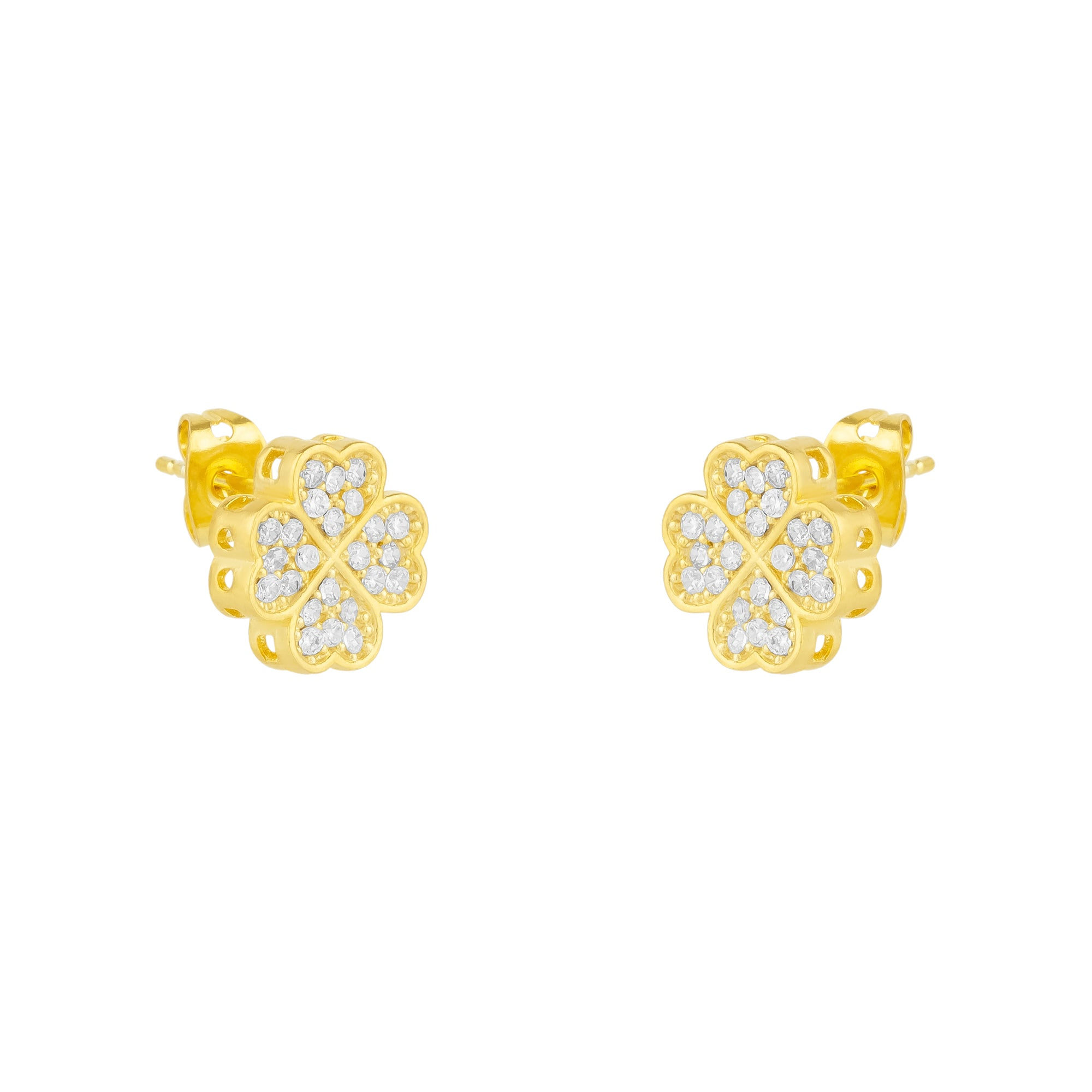 Mejoma Women's Gold / White Four Leaves Clover Stud Earring In Gold With White Gemstones