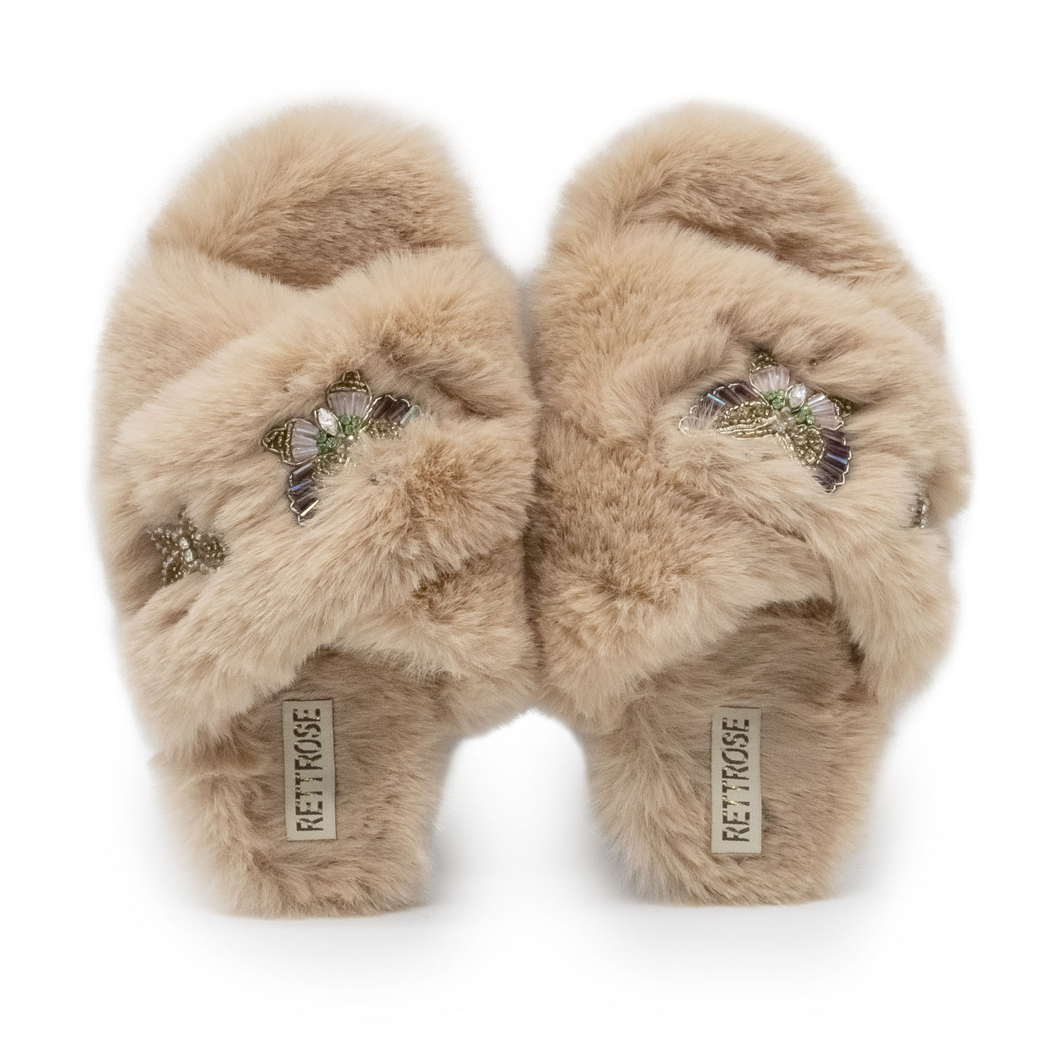 Rettrose Women's Neutrals The Sadie Mink Luxury Plush Diamanté Embellished Handmade Slipper