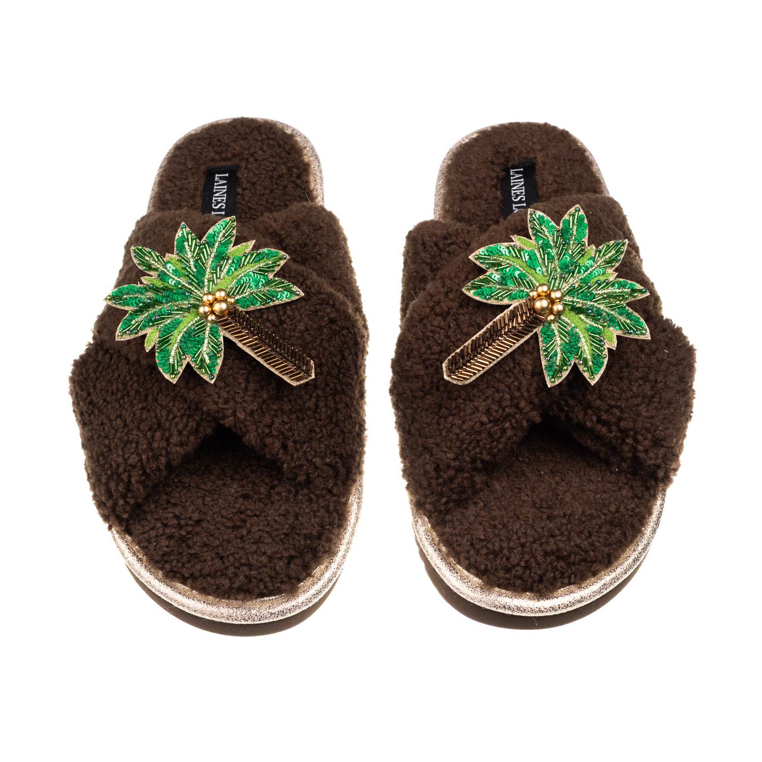 Laines London Women's Brown / Neutrals Laines Neutral Boucle Slippers With Double Palm Tree Brooches - Chocolate