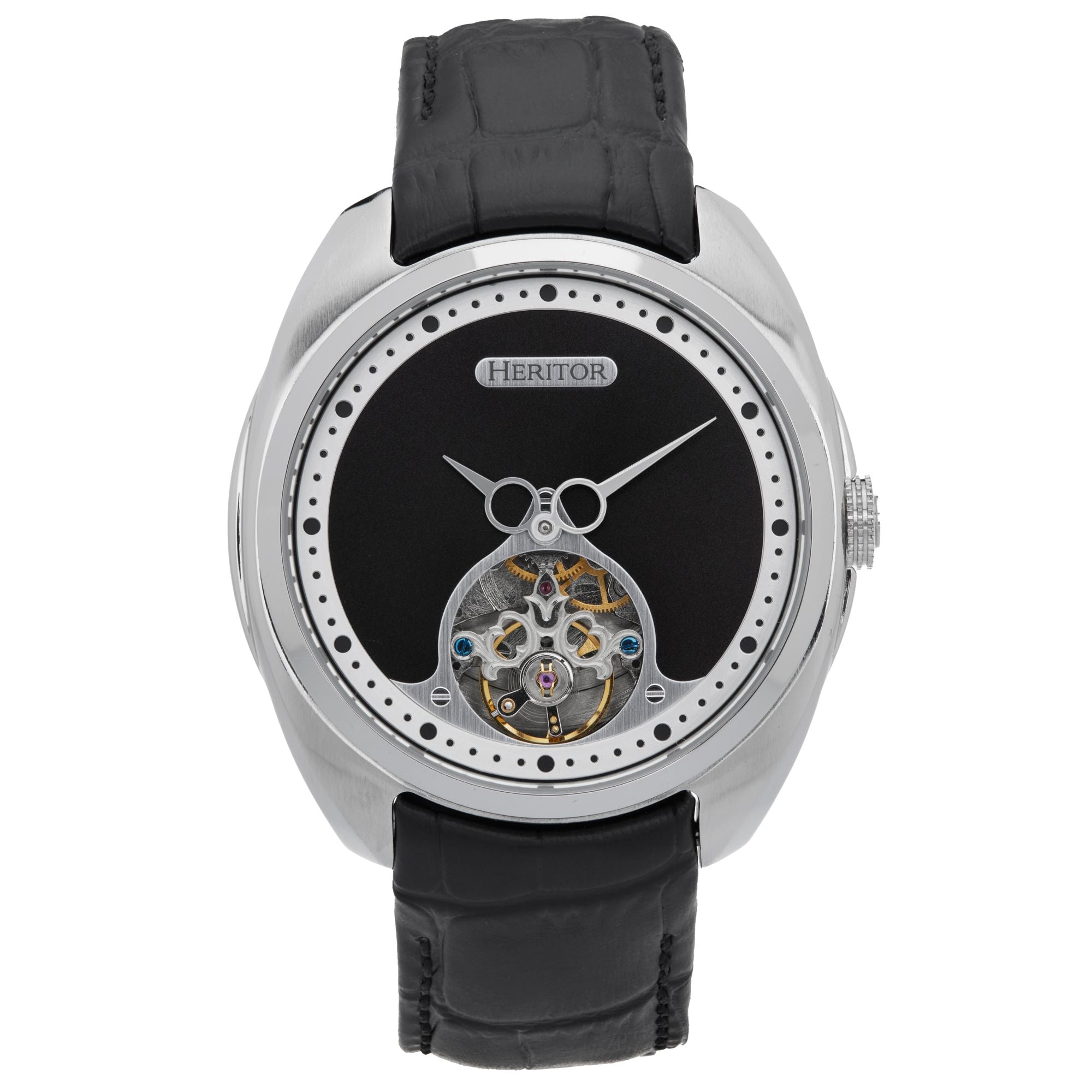 Heritor Automatic Men's Black / Silver Roman Semi-skeleton Leather-band Watch - Black, Silver In Black/silver
