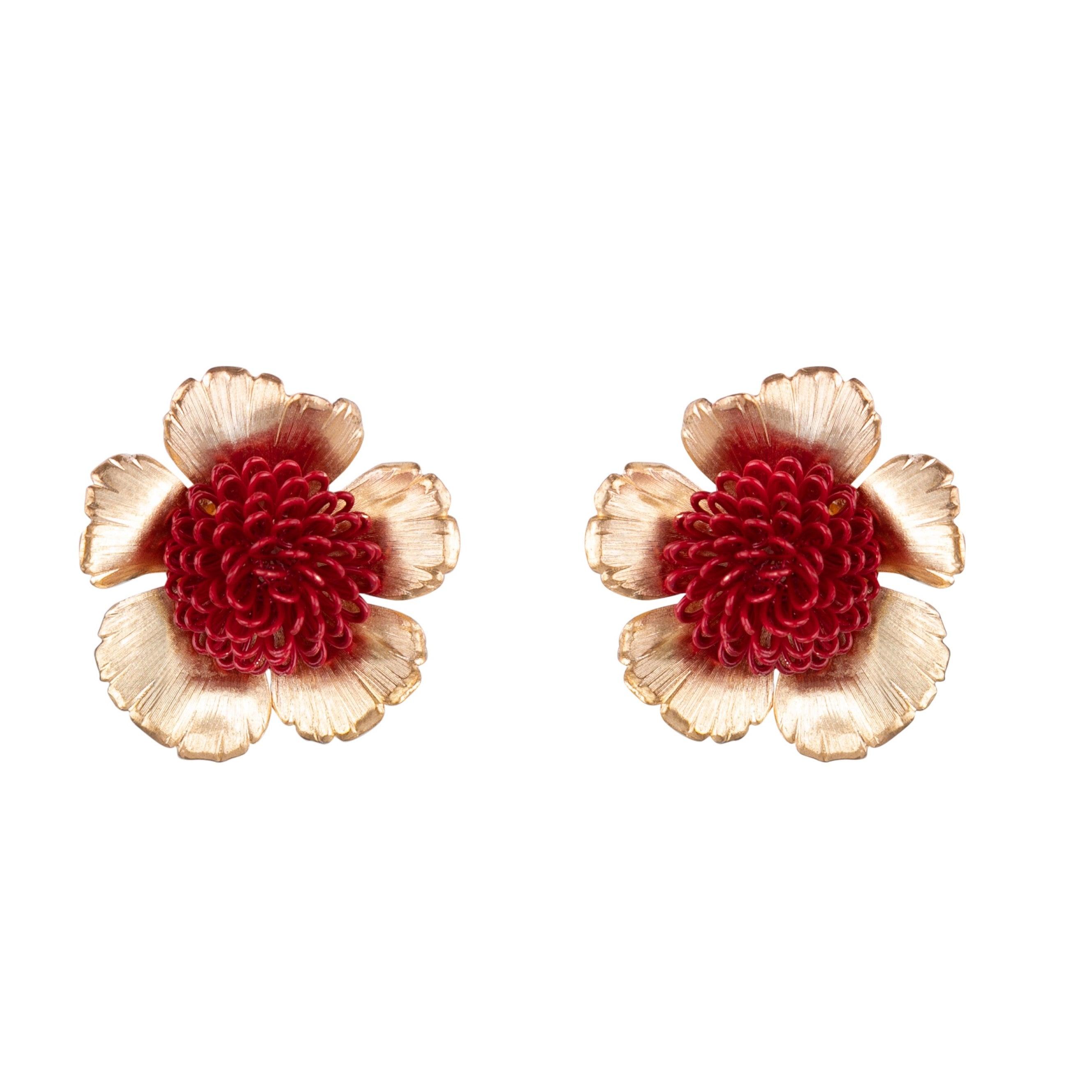 Pat’s Jewelry Women's Red Floral Pompom Earrings