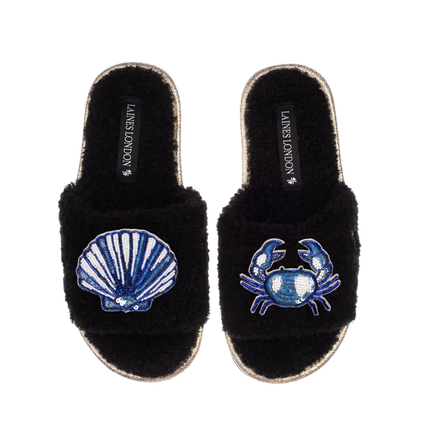 Laines London Women's Teddy Toweling Slipper Slider With Mediterranean Shell & Crab Brooches - Black In Black