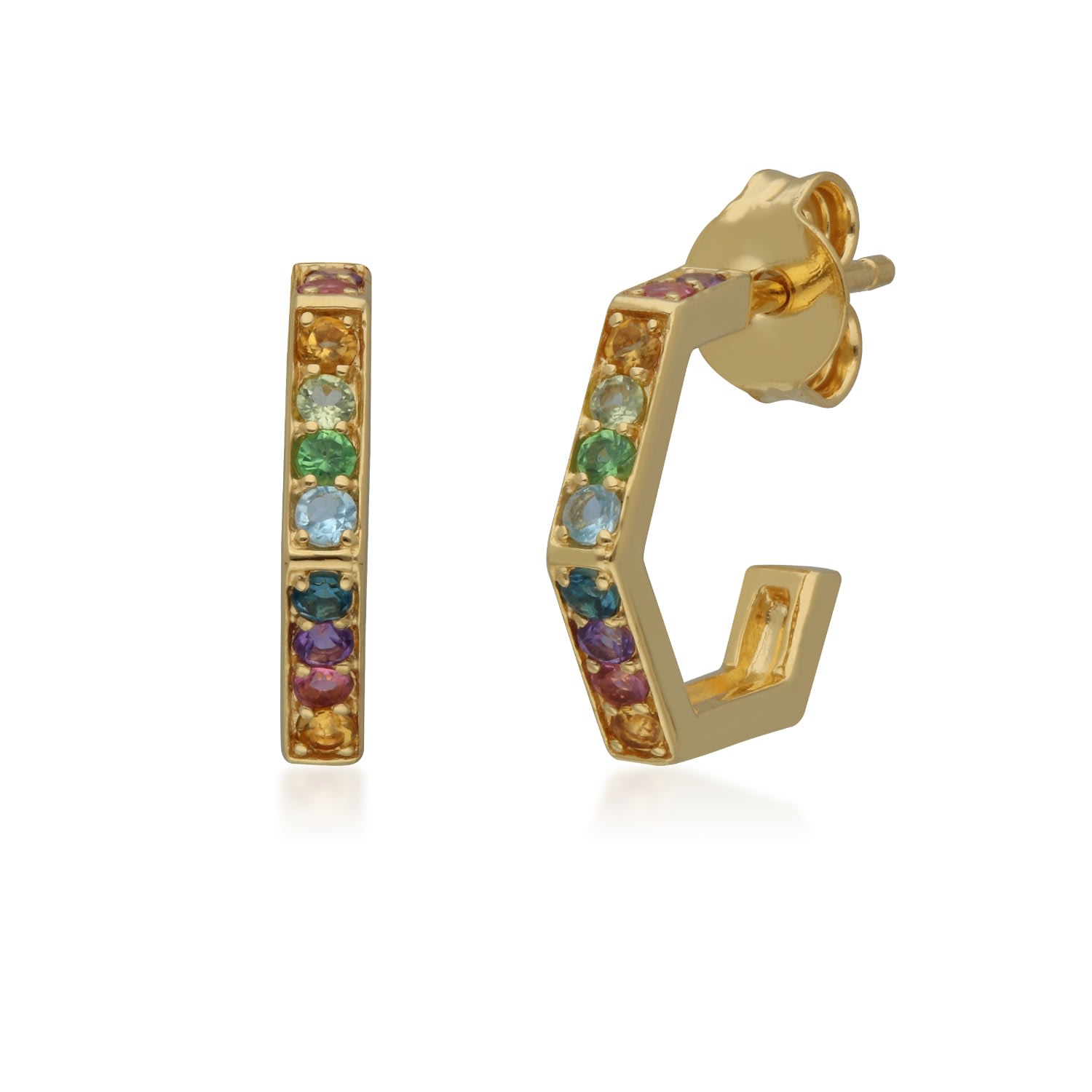 Women’s Rainbow Gems Hex Hoops In Yellow Gold Plated Silver Gemondo