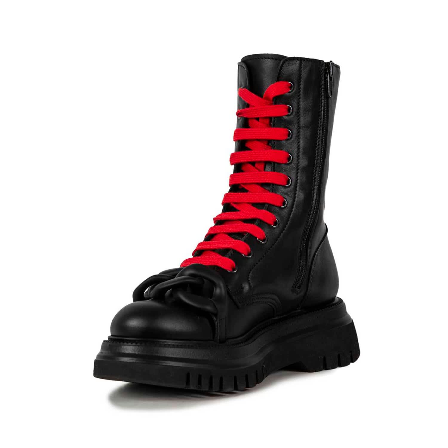 Lacquered women's black work boots with a red sole - KeeShoes