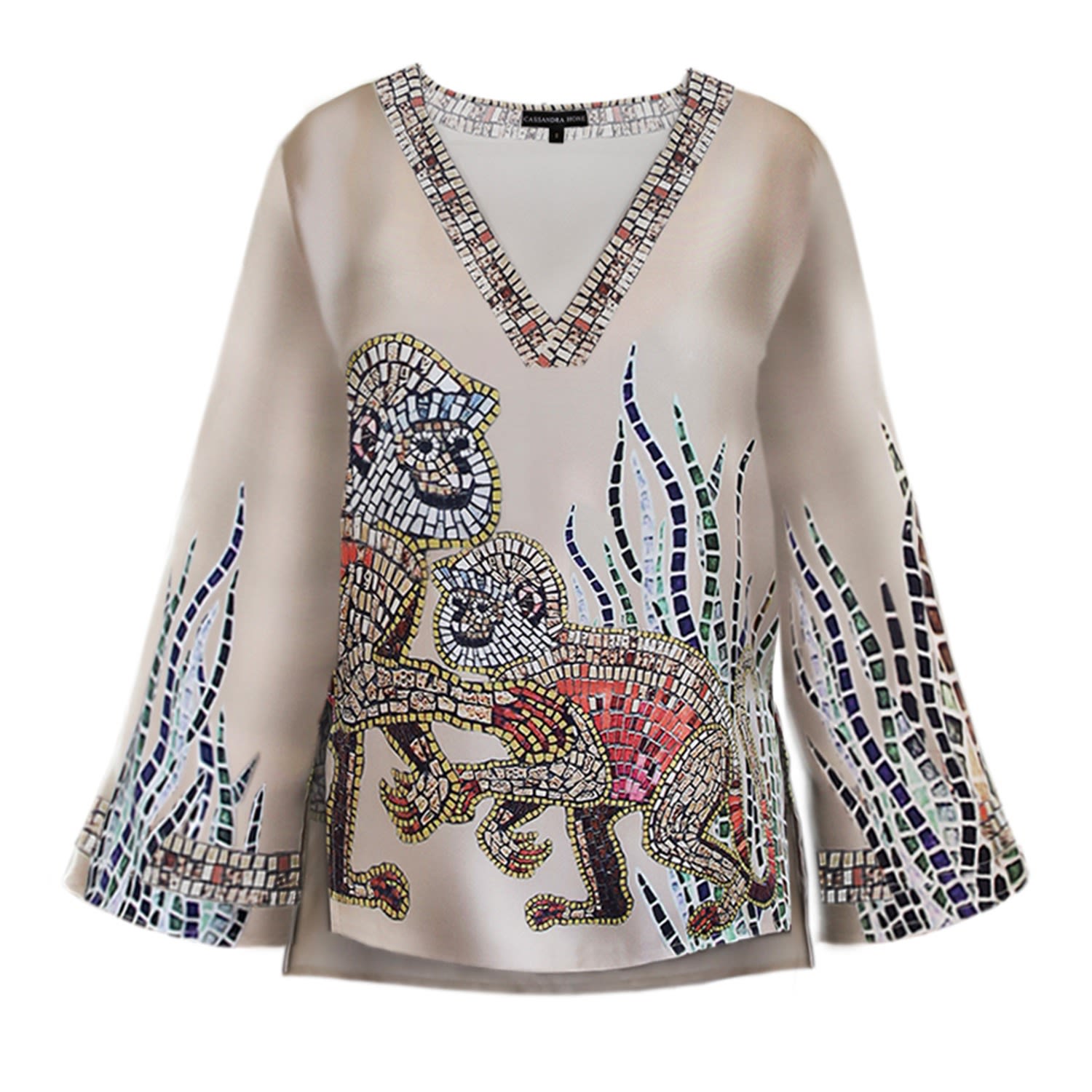 Cassandra Hone Women's Gold Mosaic Monkey Print Silk Blouse Beige In Gold