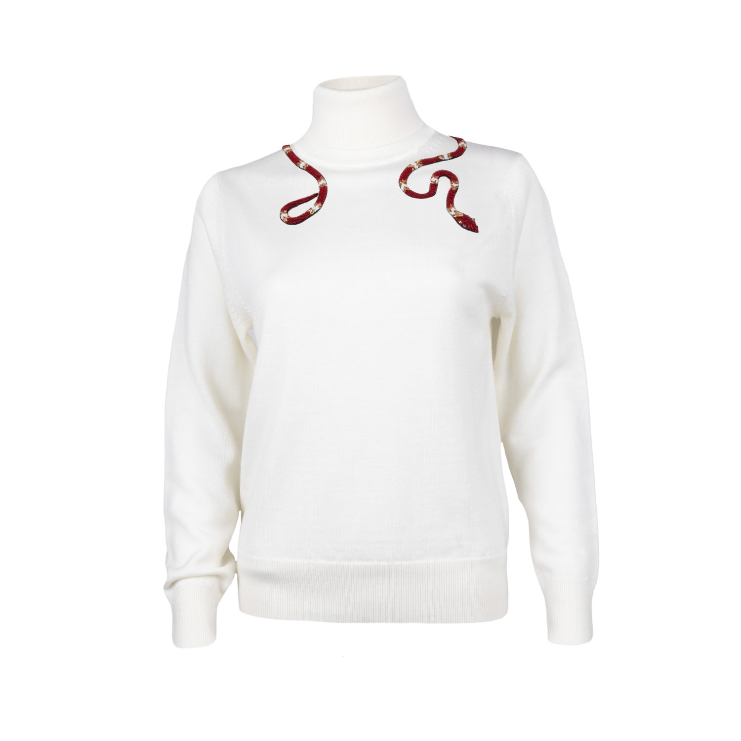 Laines London Women's White Laines Couture Wrap Red Snake Embellished Knitted Roll Neck Jumper - Cream In White