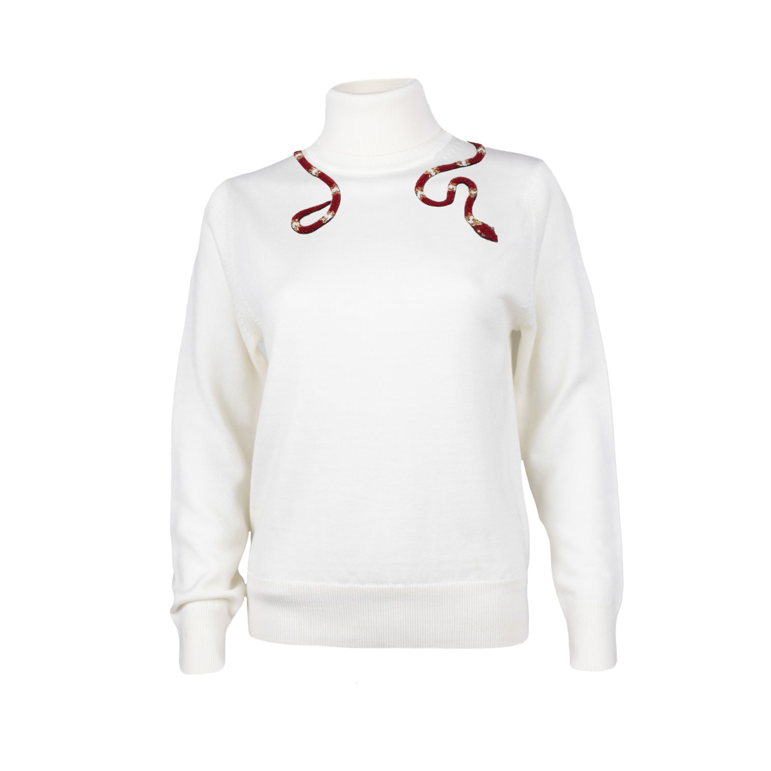 Women’s White Laines Couture Wrap Red Snake Embellished Knitted Roll Neck Jumper - Cream Small Laines London