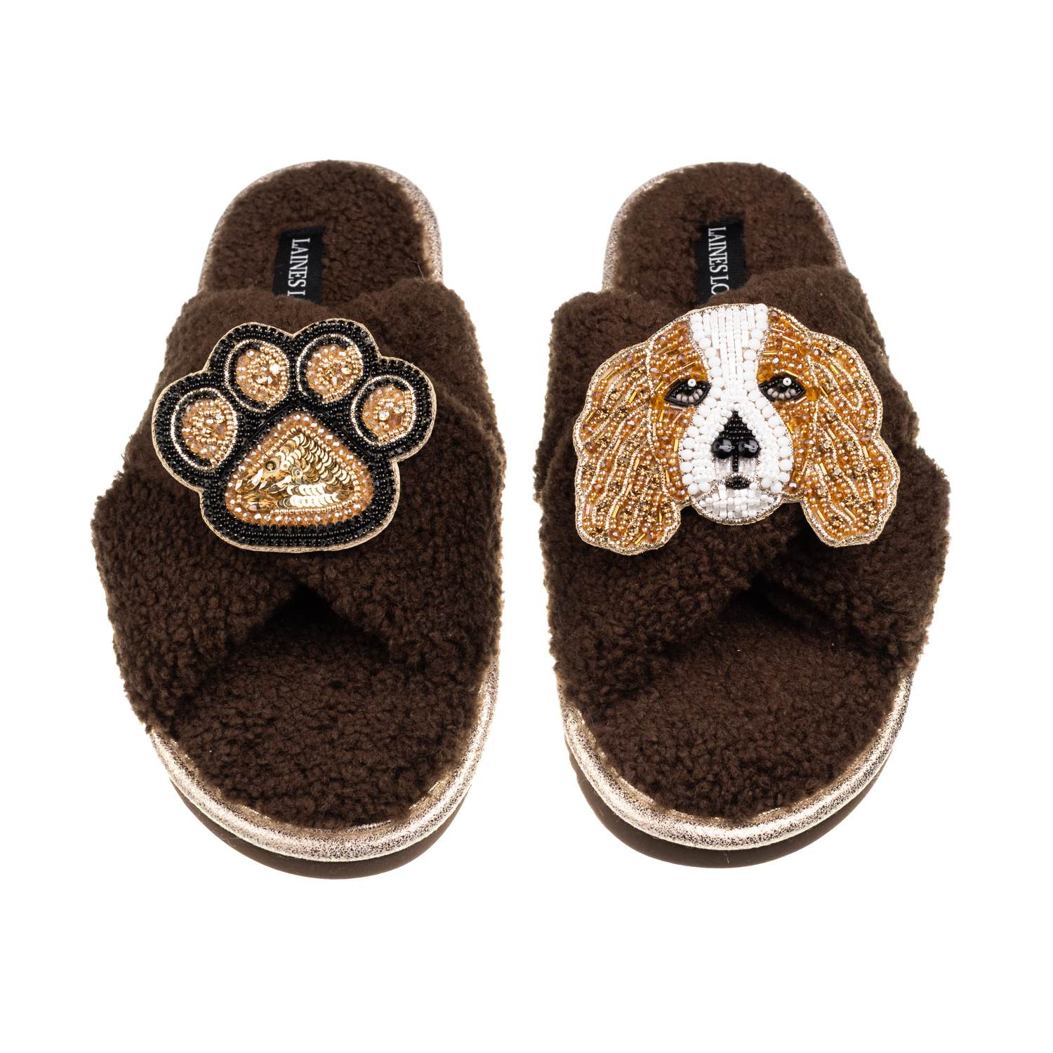 Laines London Brown / Neutrals Laines Neutral Boucle Slippers With Lady The King Charles & Paw Brooches - Chocolat