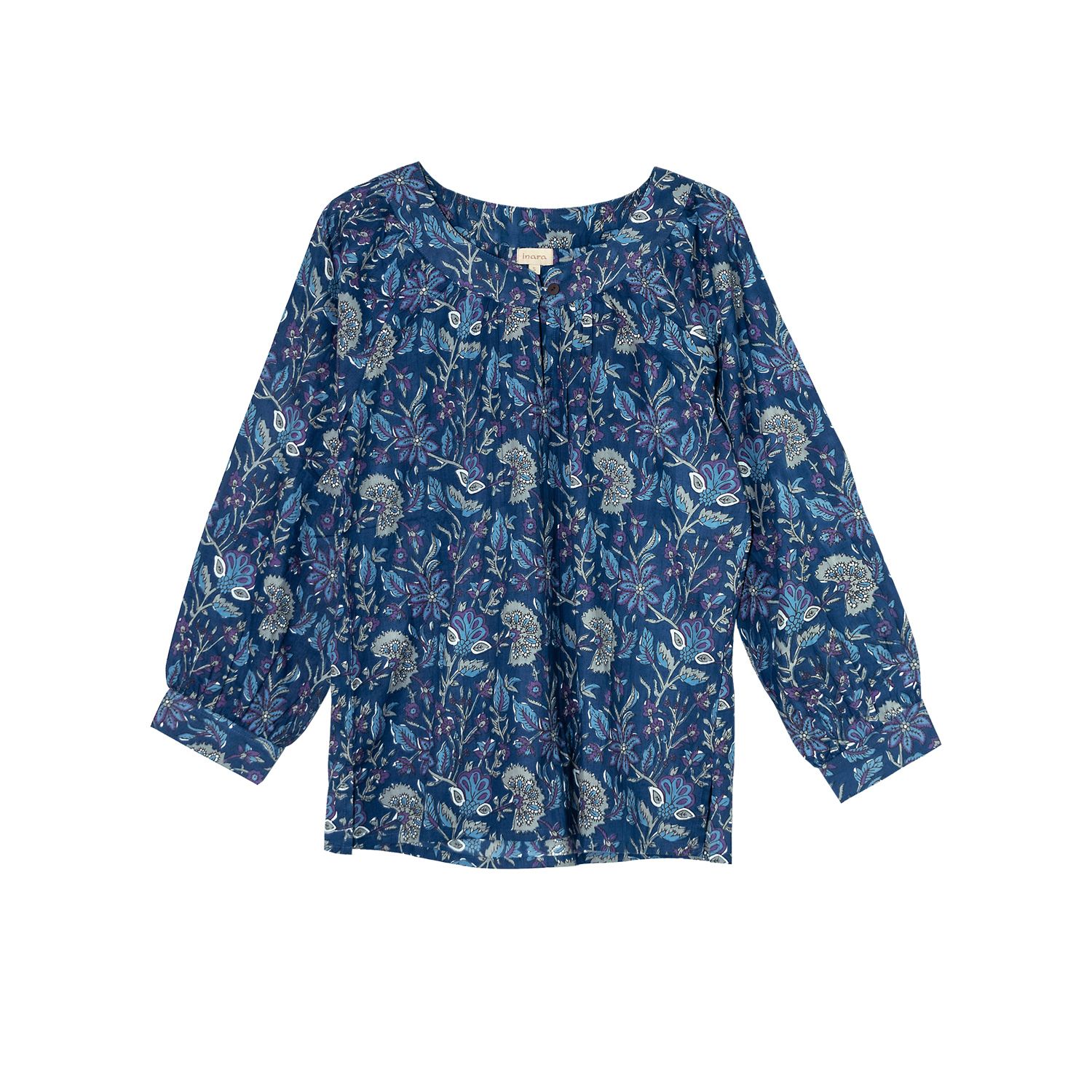 Inara Women's Indian Cotton Blue Lagoon Buttoned Smock Top In Blue