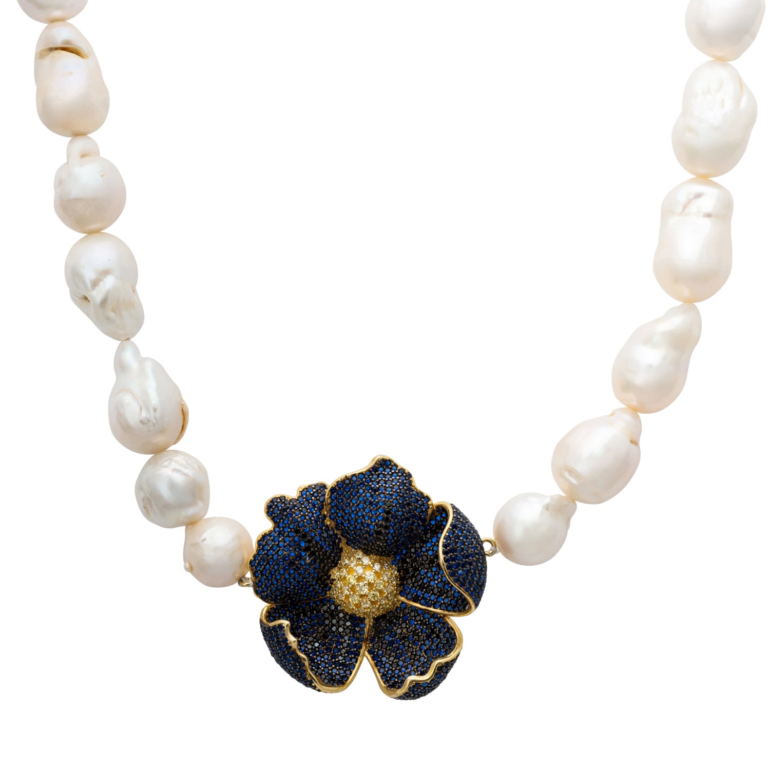 Women’s White / Blue / Gold Poppy Flower Baroque Pearl Necklace Sapphire Blue Gold Latelita