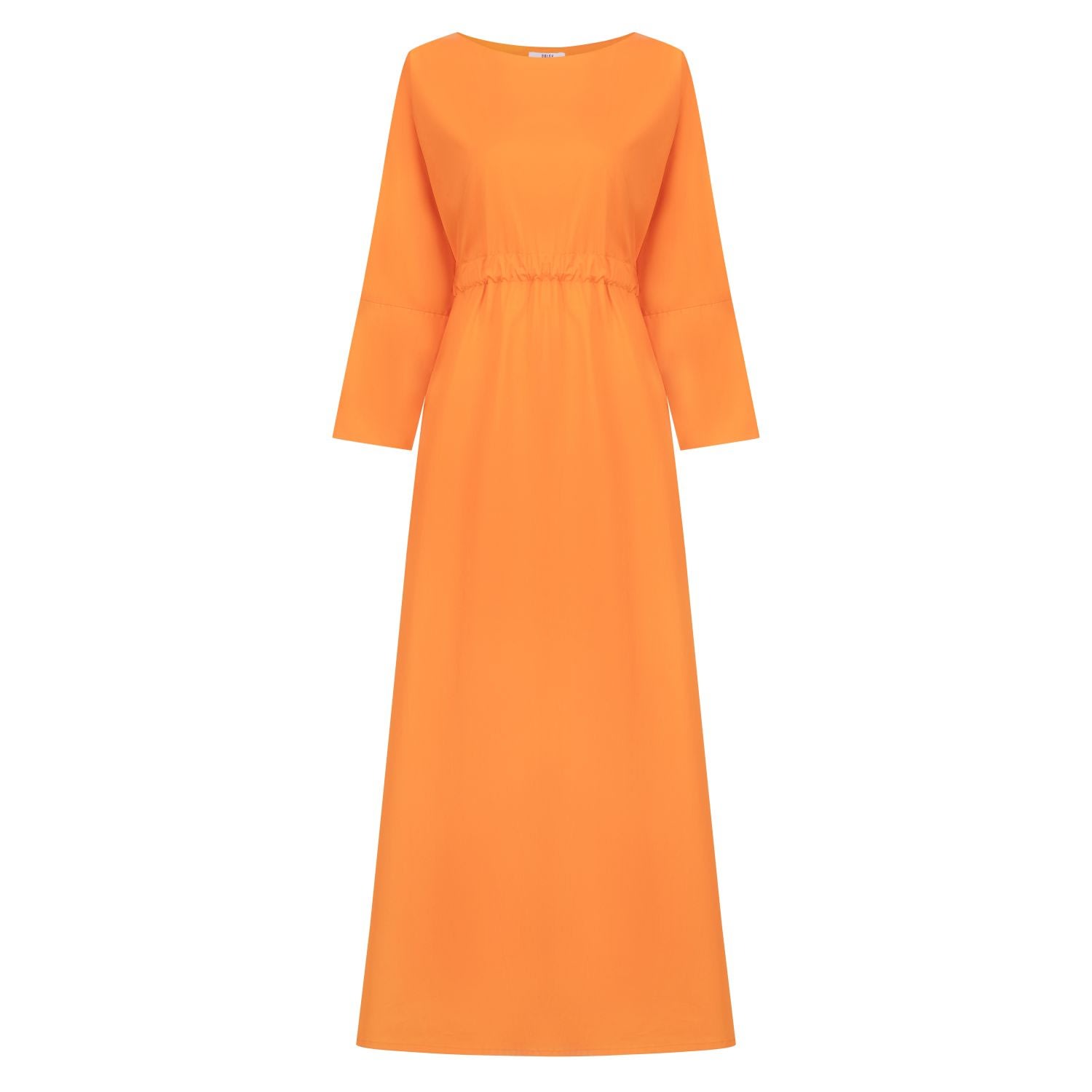 Women’s Yellow / Orange Boat Neck Cotton Kaftan With Rushed Belted Waistline Small Azzalia