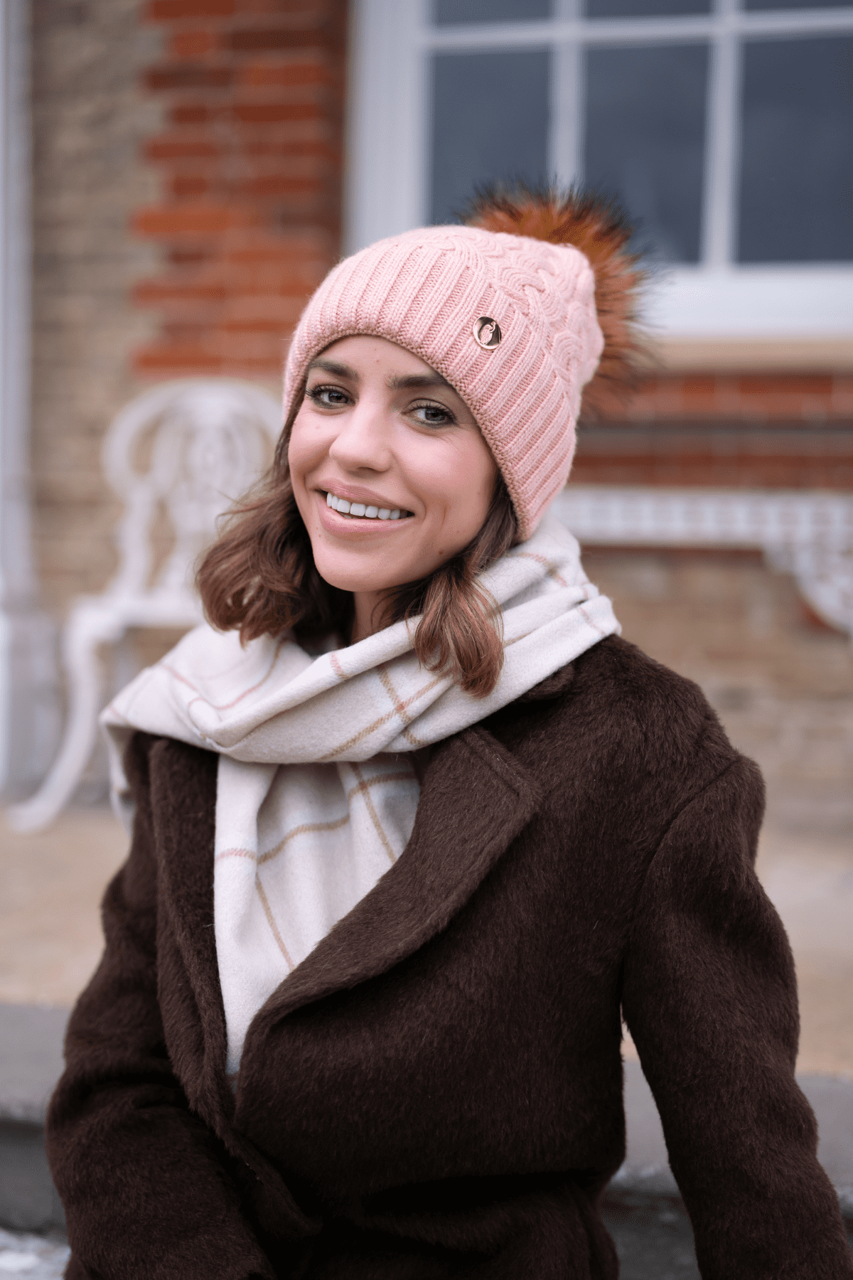 Pink Cable Knit Pom Pom Hat | Hortons England | Wolf & Badger display picture 3
