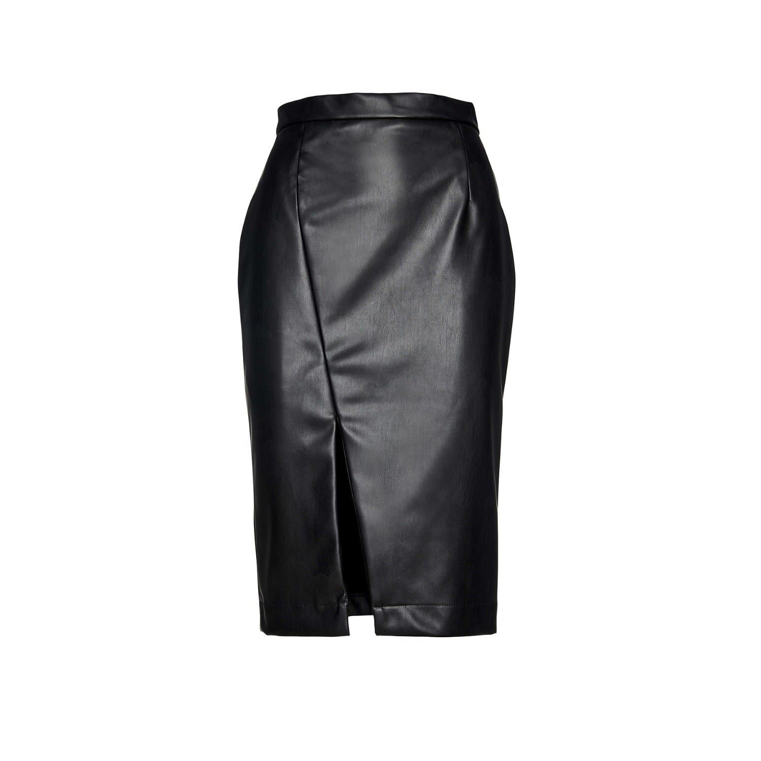 Women’s Black Faux Leather Pencil Skirt Front Slit Large Conquista