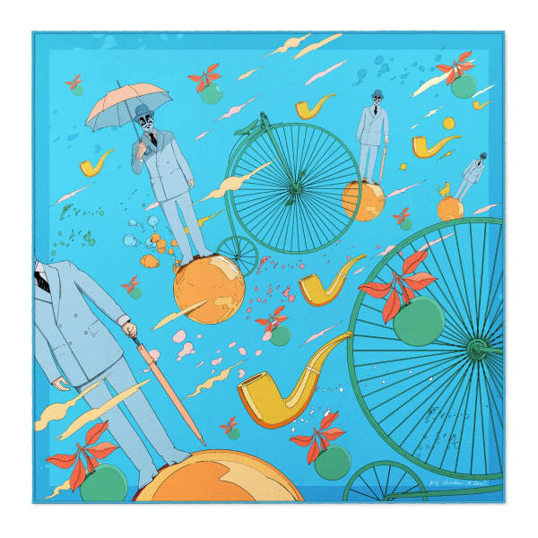 Pig, Chicken & Cow Rene Silk Scarf Blue In Silk