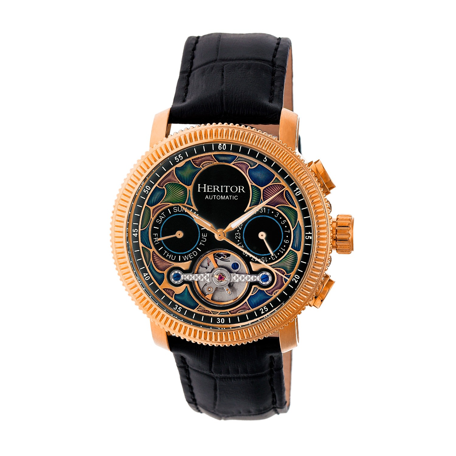 Men’s Black / Rose Gold Aura Semi-Skeleton Leather-Band Watch With Day And Date - Black, Rose Gold One Size Heritor Automatic