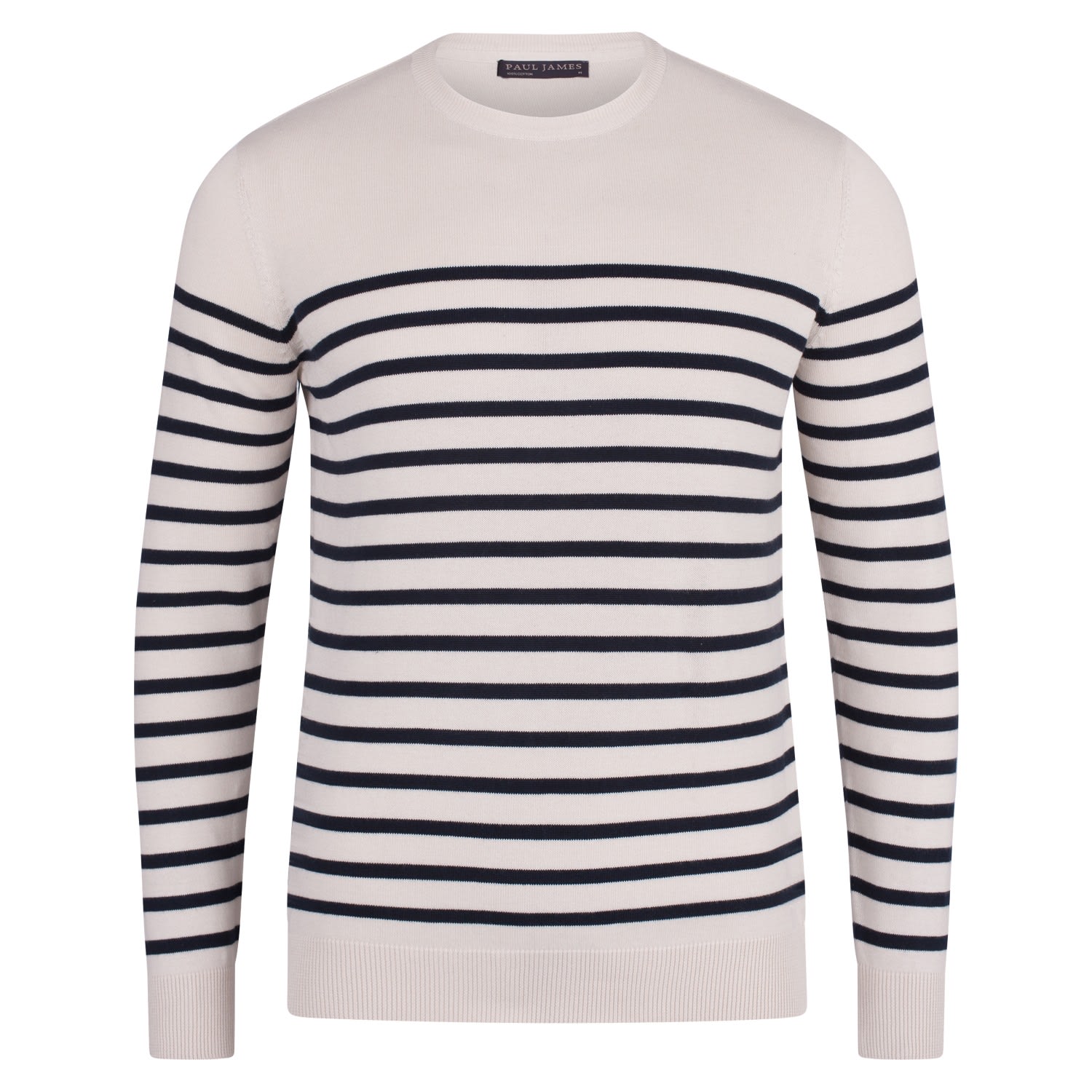 White Mens 100% Cotton Striped Breton Allen Sweater - Ecru Small Paul James Knitwear