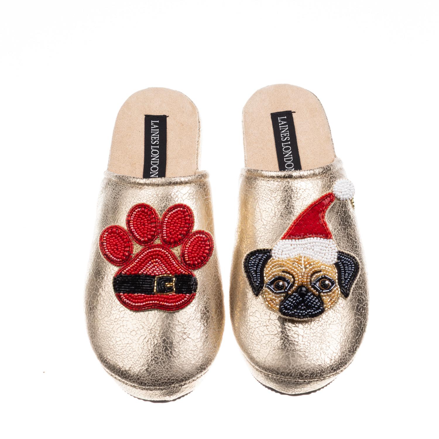 Laines London Women's Gold Softie Slippers With Christmas Fawn Pug & Paw Brooches In Gold