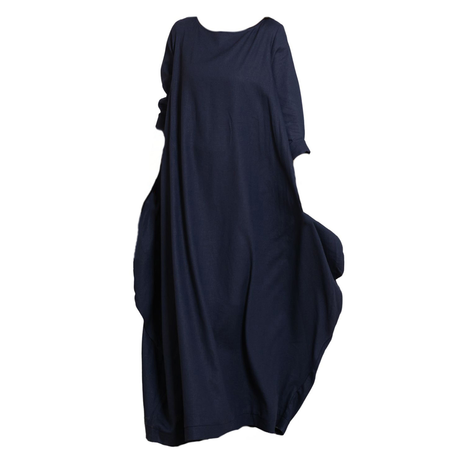 Nikka Place Women's Maxi Linen Kaftan Dress With Tie And Bracelet Sleeves In Dark Blue In Blue