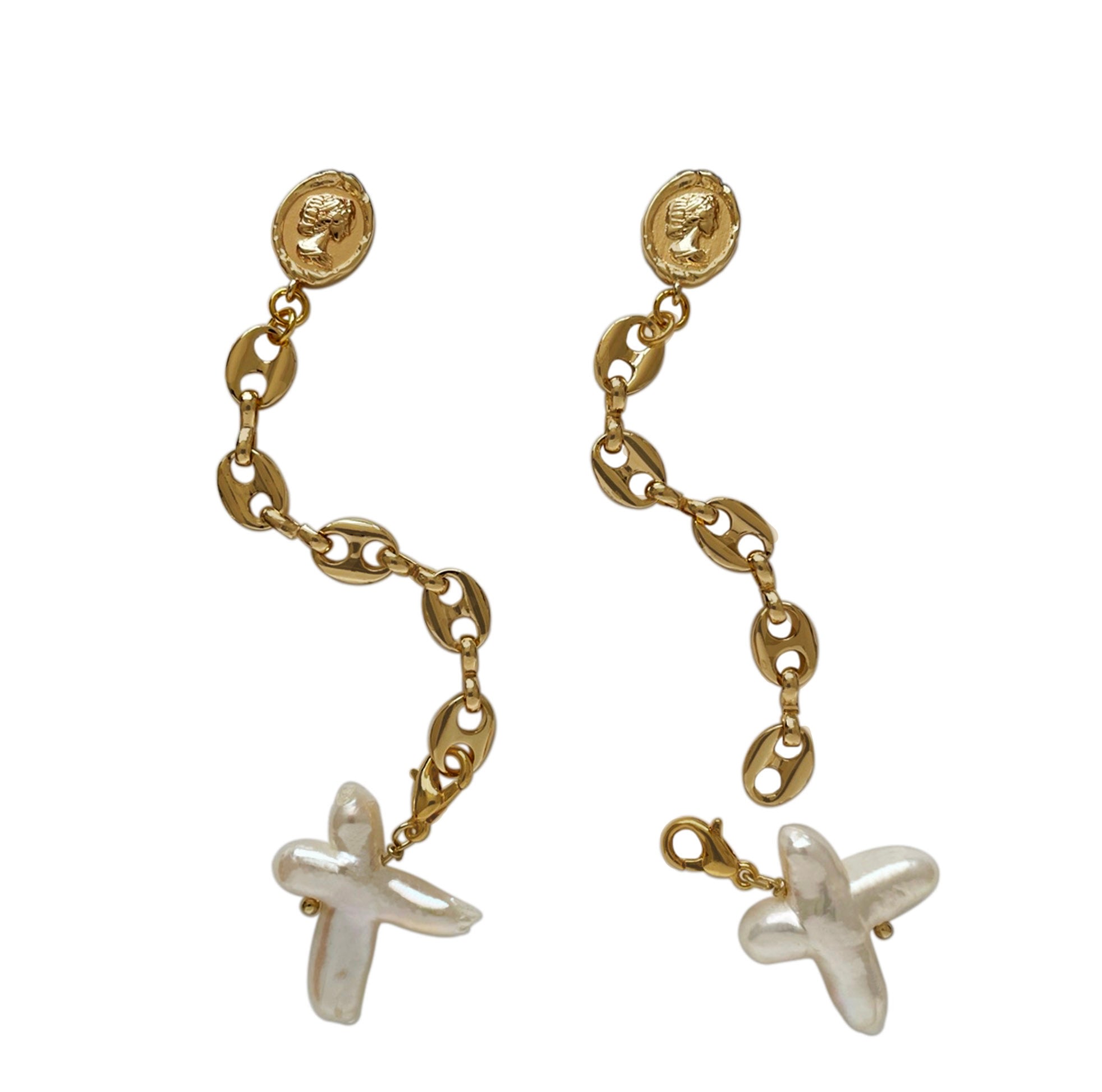 Women’s Chain Cross Pearl Earrings Ninemoo