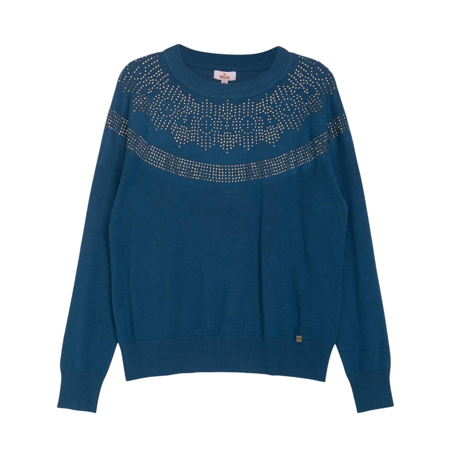 Niza Women's Round Neck Sweater With Rhinestones On Neckline Blue In Blue