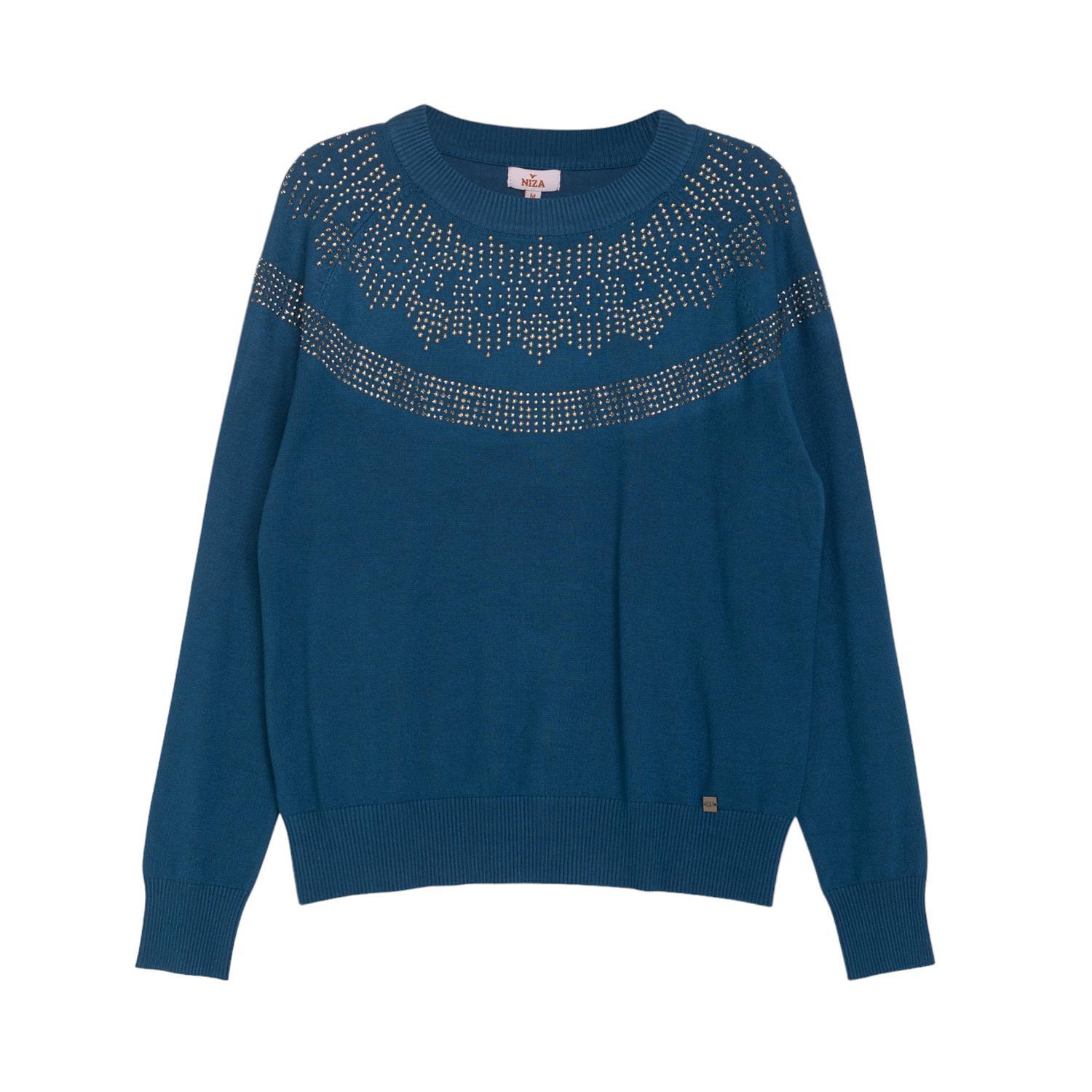 Women’s Round Neck Sweater With Rhinestones On Neckline Blue Extra Large Niza