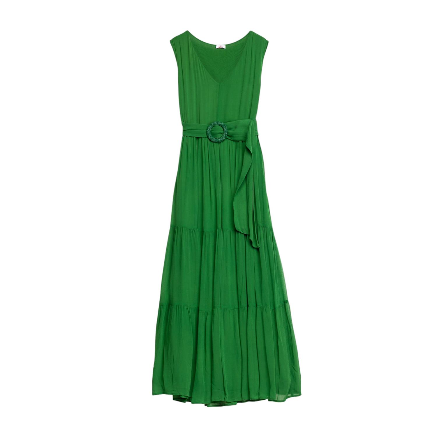 Women’s Green Long Dress With Ruffle And V-Neck Medium Niza