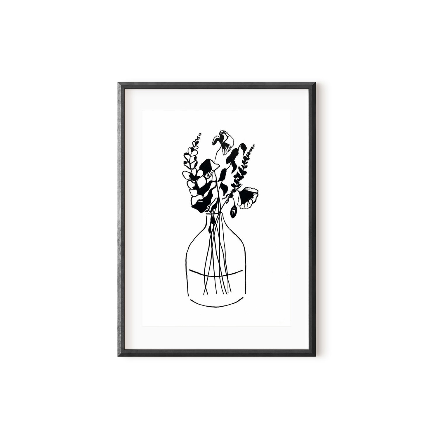 Black / White Wild Flower Still Life Black Ink Drawing Print A3 297 X 420Mm Emily M Art & Design