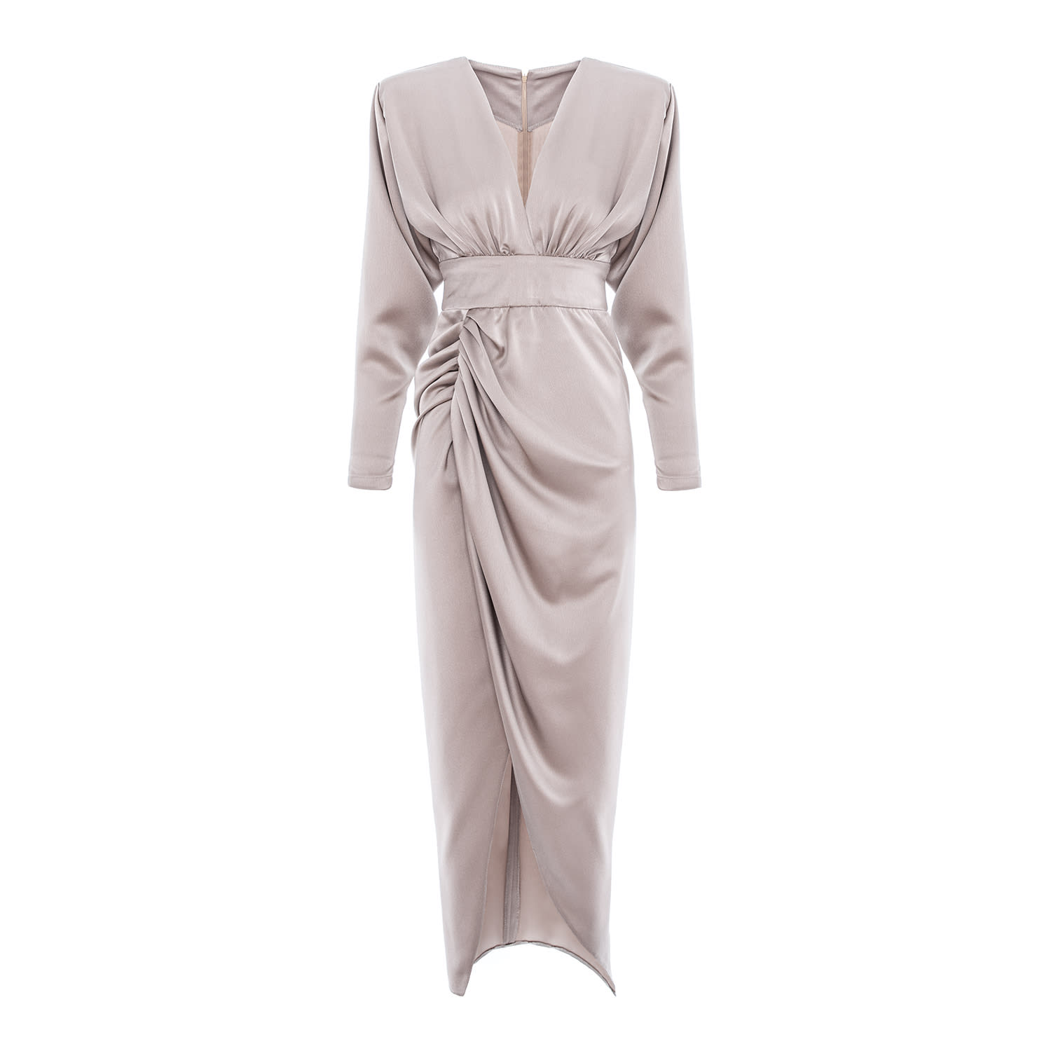 Bluzat Women's Neutrals Beige Satin Midi Dress With Draping In Beige