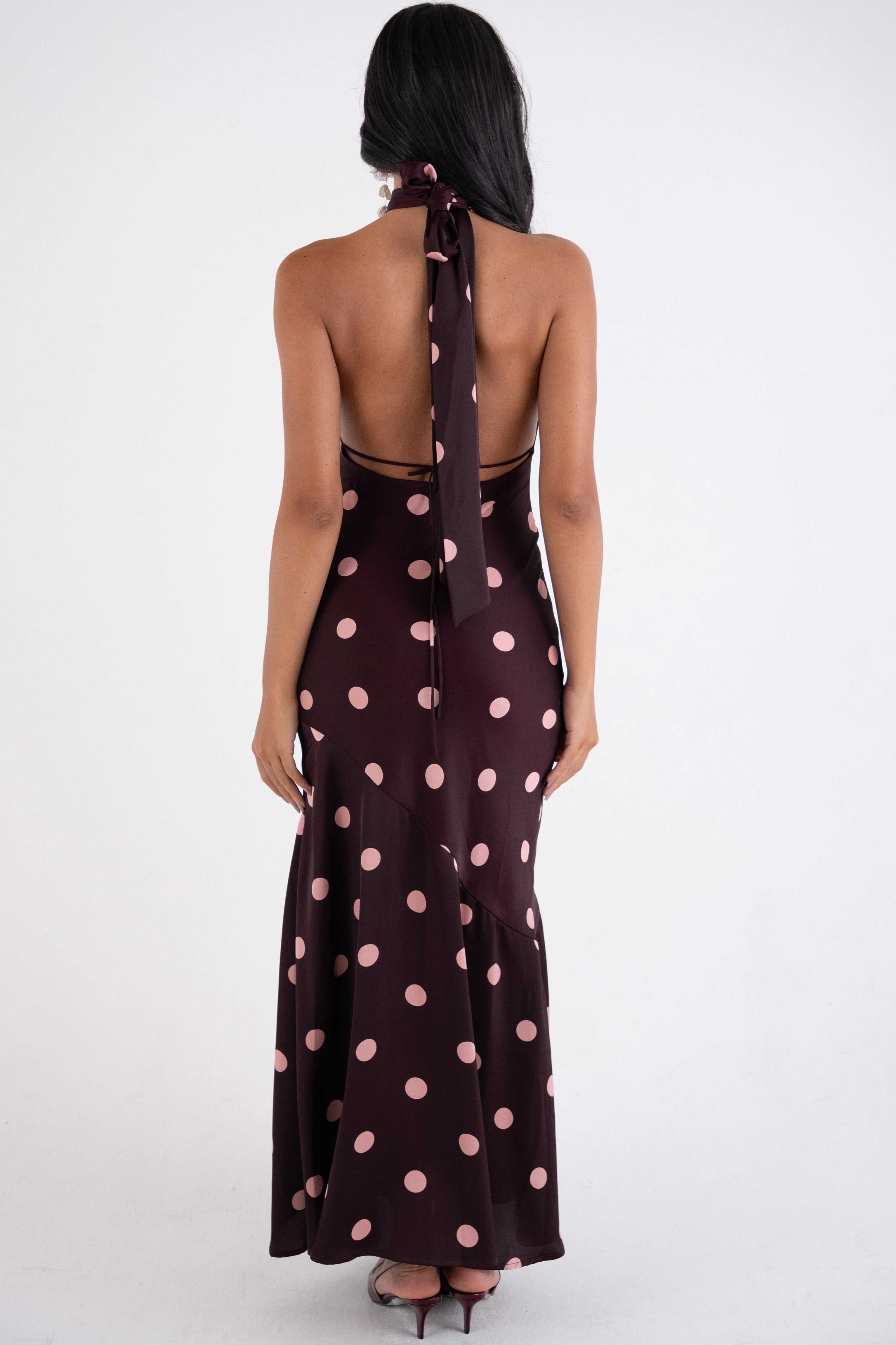 burgundy polka dot dress Long burgundy dress with yellow polka dots and a scoop neckline main image 1