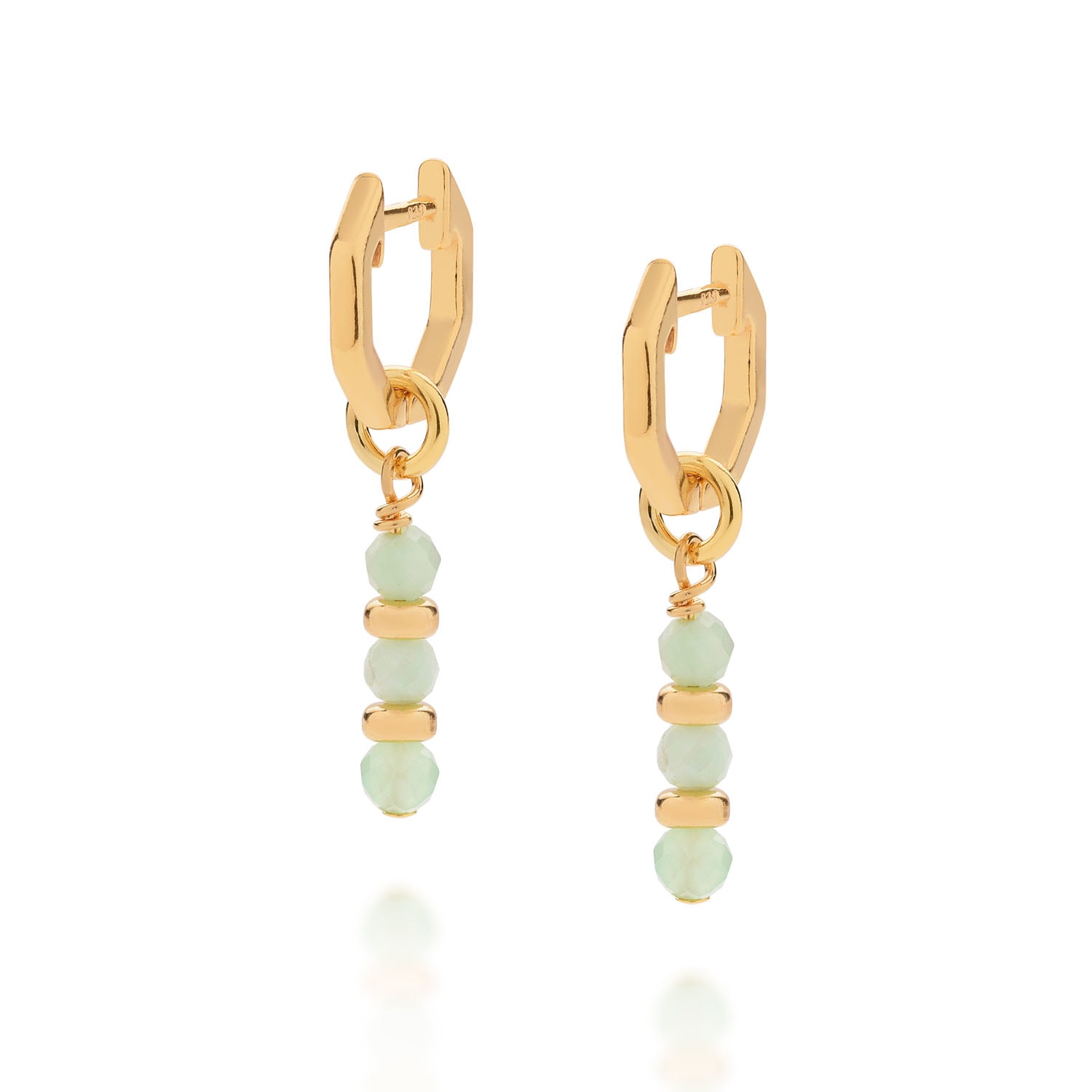 Nellou Jewellery Women's Green / Gold Linear Huggie Birthstone Earrings May Gold Plated Sterling Silver - Chrysoprase