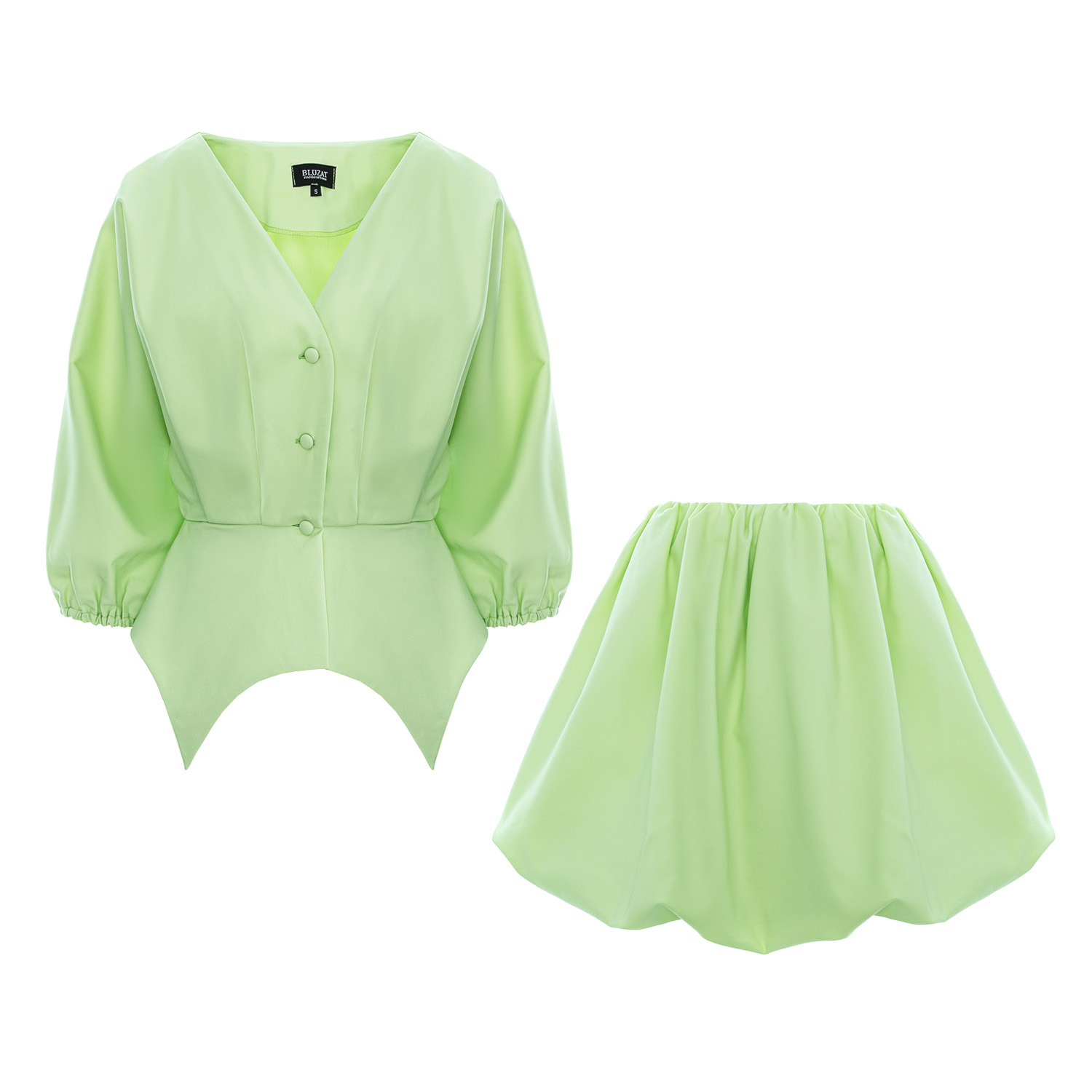 Bluzat Mint Green Asymmetrical Two-piece Set With Bubble Skirt In Green