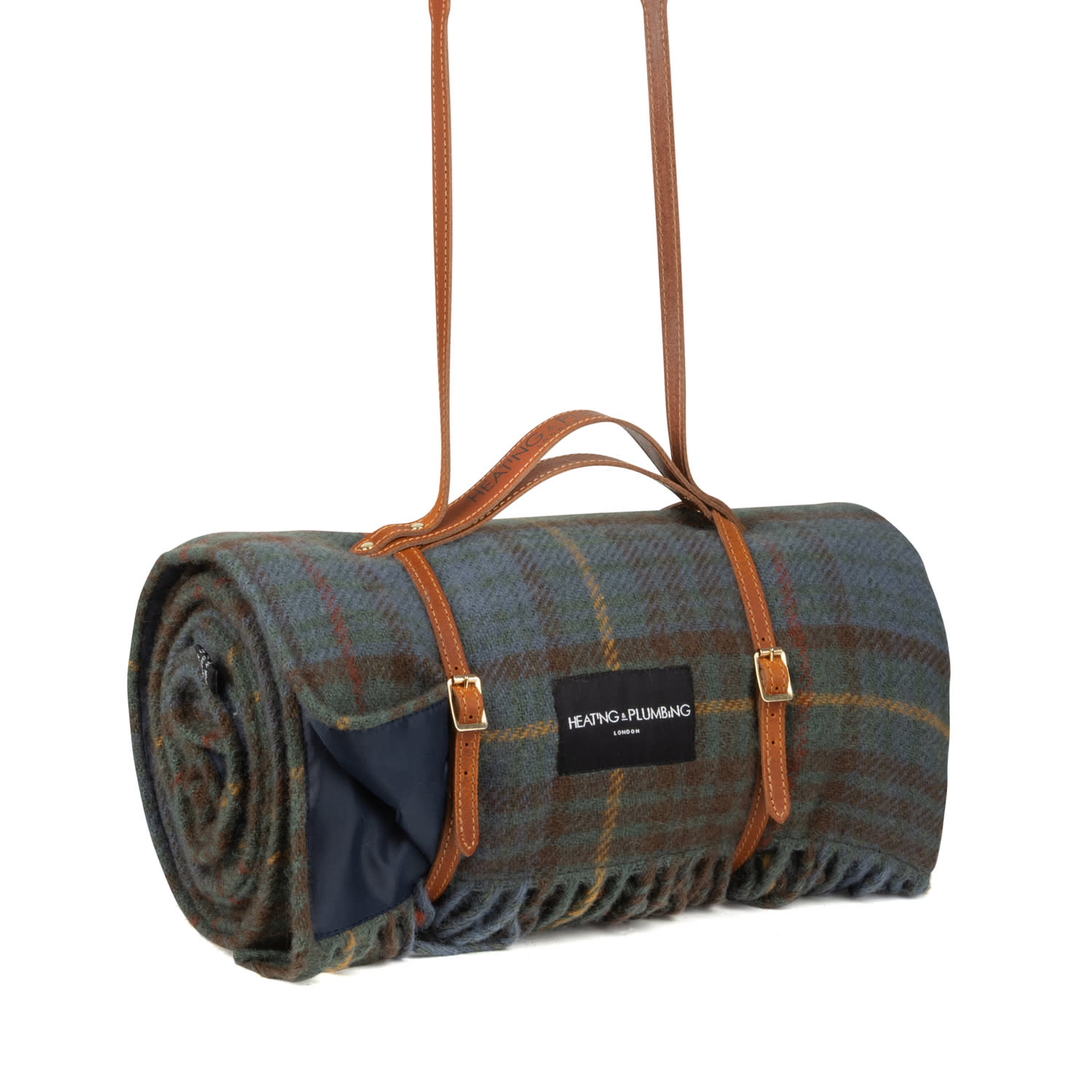 Heating & Plumbing London Pure New Wool Picnic Blanket - Classic Hunting Lodge - Tan Strap In Multi