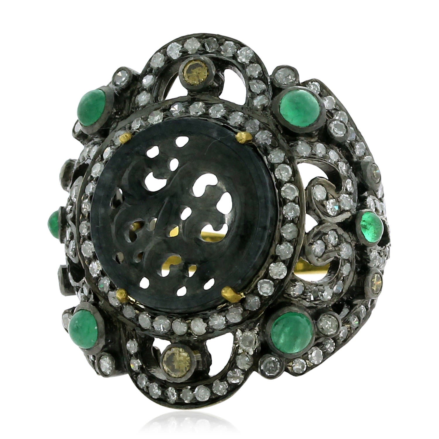 Women’s Gold / Black / White Jade Oxidized Carved Cocktail Ring Diamond 925 Sterling Silver Jewelry Artisan