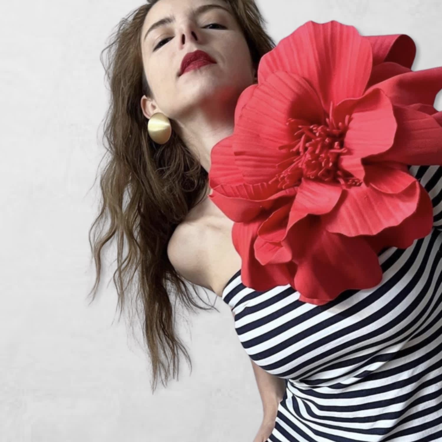 Striped One Sleeve Top With Red Flower Pin | London Atelier Striped One Sleeve Top With Red Flower Pin | London Atelier