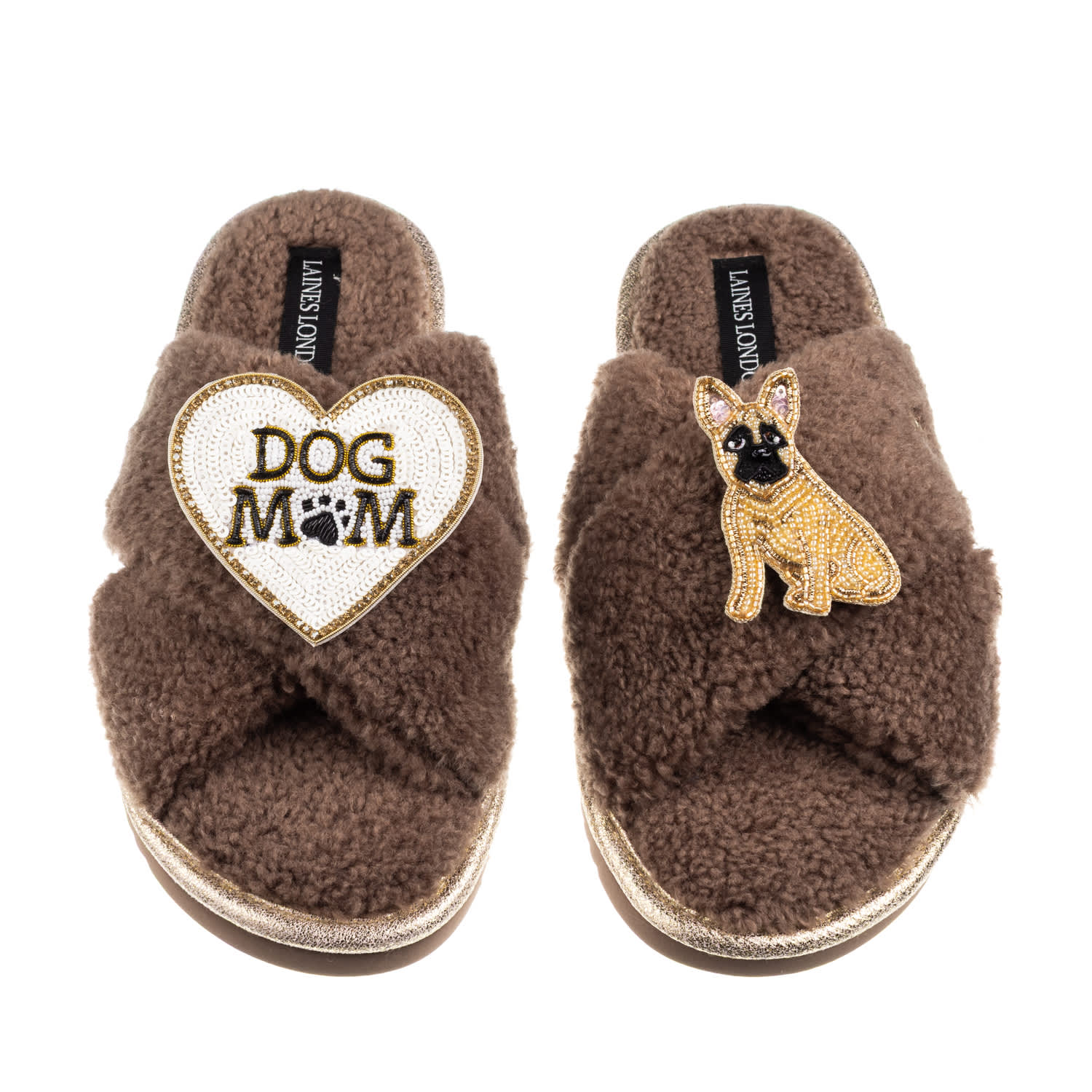 Laines London Women's Brown / Neutrals Boucle Slippers With Dog Mum/mom & Fawn Sitting French Bulldog Brooches - M In Brown