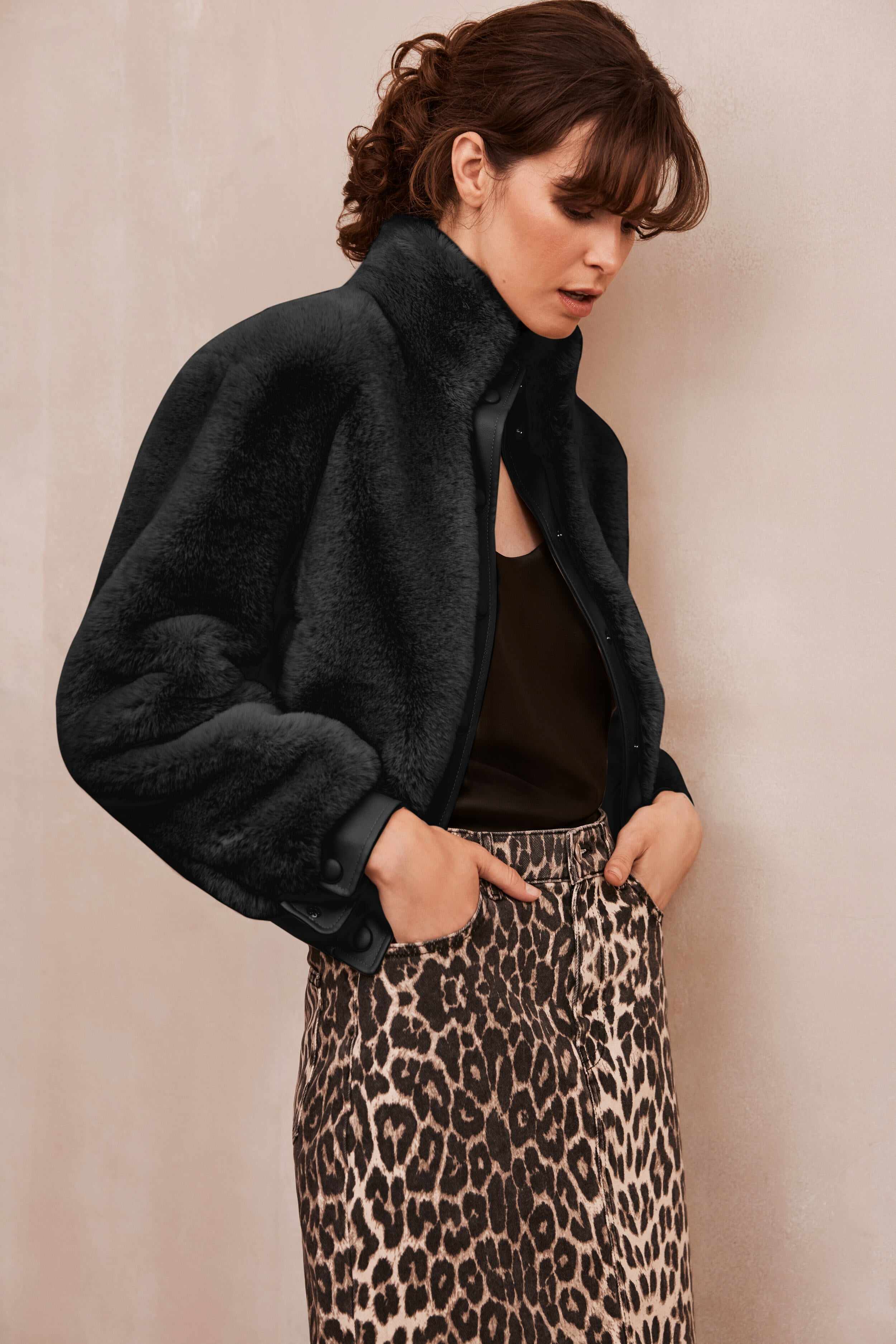 Jolie Bomber Jacket Vegan Luxe Pile Faux Fur Black | ISSY LONDON