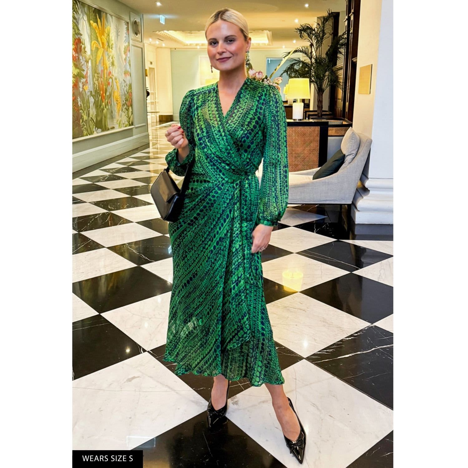 Savoir Midi Wrap Dress In Navy Green | SACHA DRAKE | Wolf & Badger
