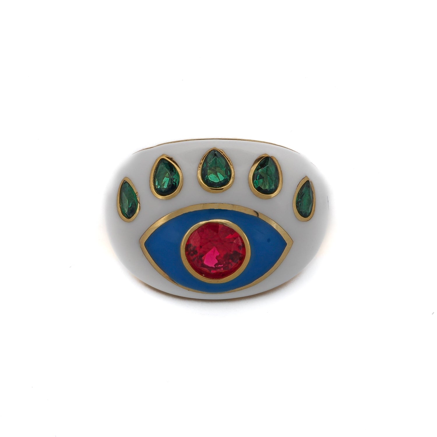 Ebru Jewelry Women's White / Pink / Purple Guardian Ruby & Emerald Evil Eye White Enamel Adjustable Ring - White