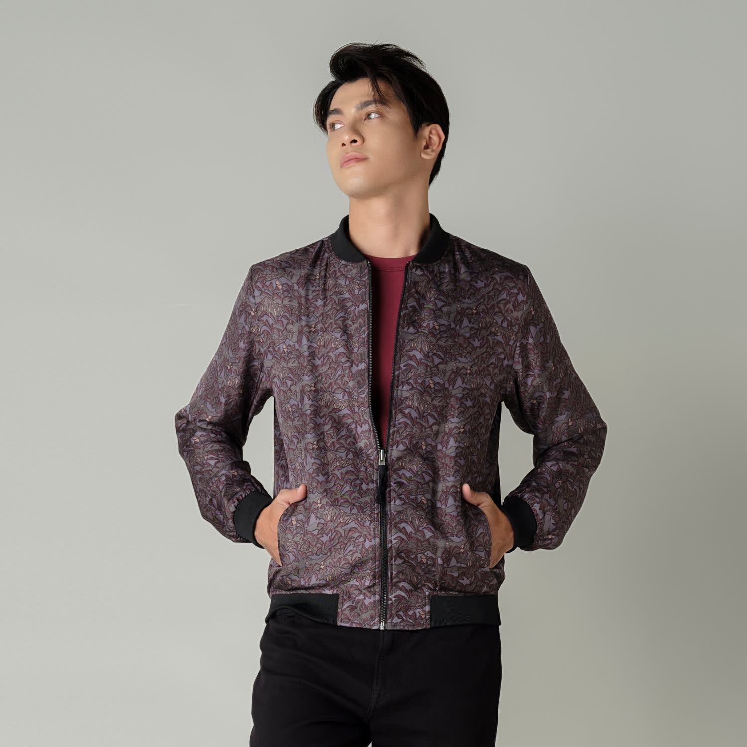 Dressy Jacquard Bomber Jacket with Floral Pattern